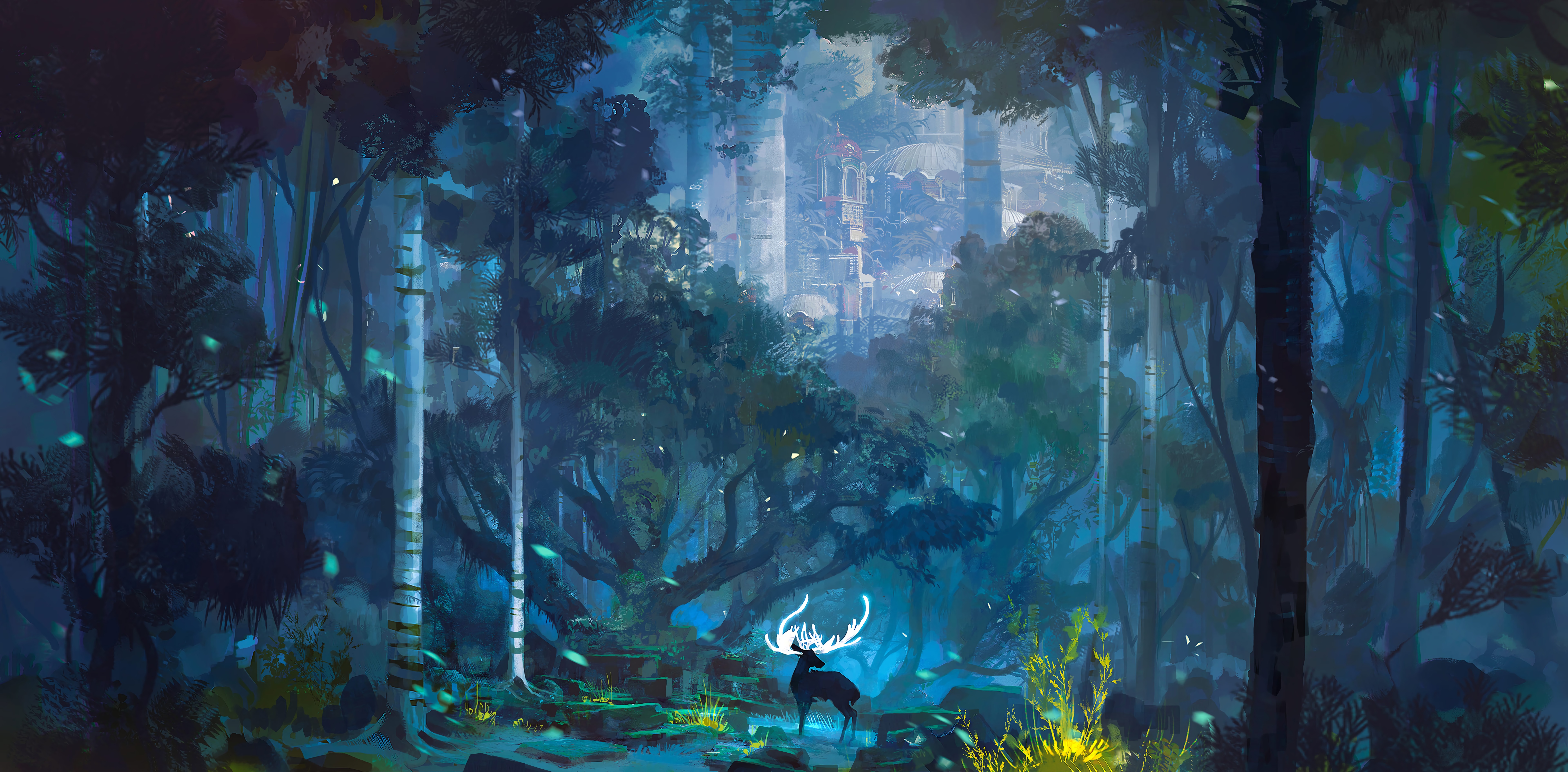 fantasy, lock, horns, deer, landscape, art HD wallpaper