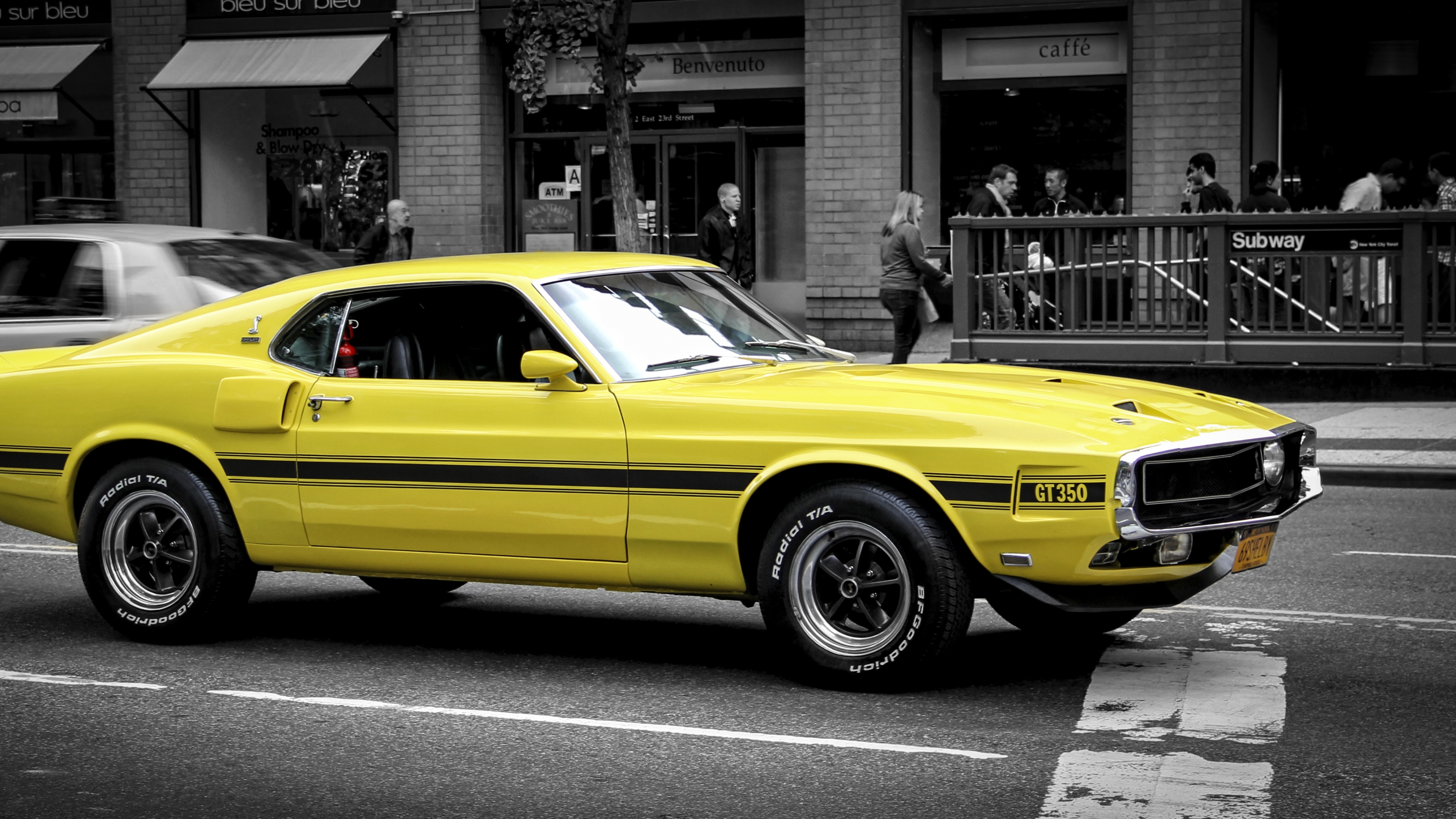 vehicles, ford mustang gt350, black & white, ford mustang, yellow car, ford HD wallpaper