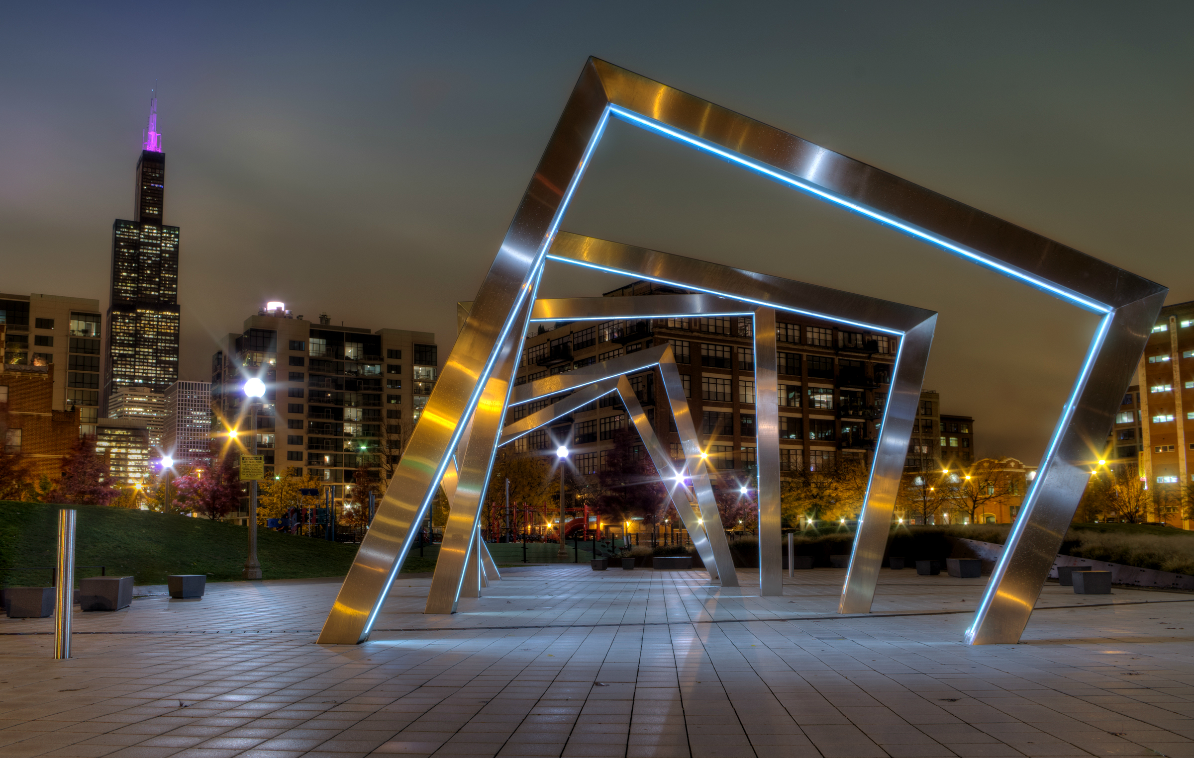 Light object. Mary Bartelme Park, Чикаго, Иллинойс, США. Mary Bartelme Park, Чикаго, Иллинойс, США план. Светодизайн общественные пространства.