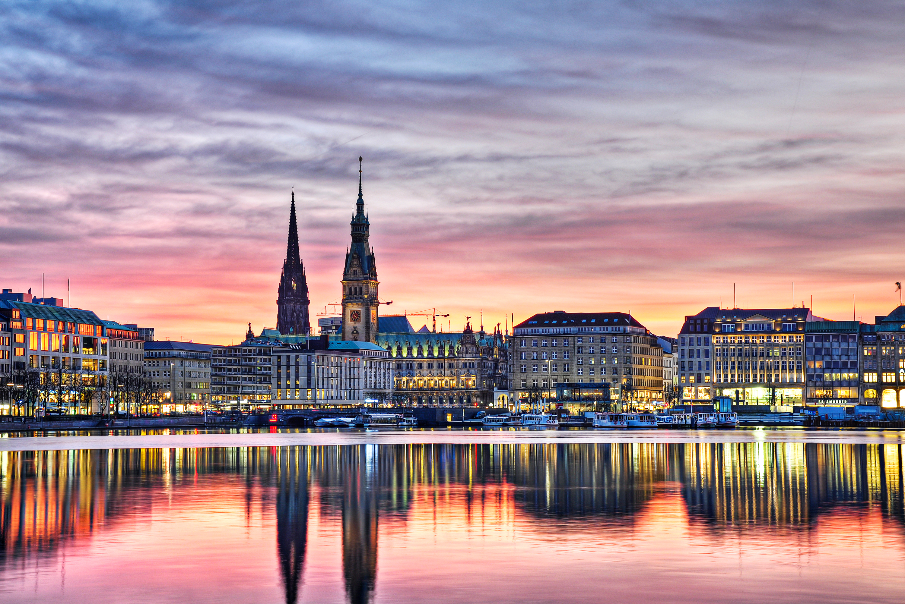 hamburg, evening, man made, building, germany, reflection, river, sunset, cities Phone Background
