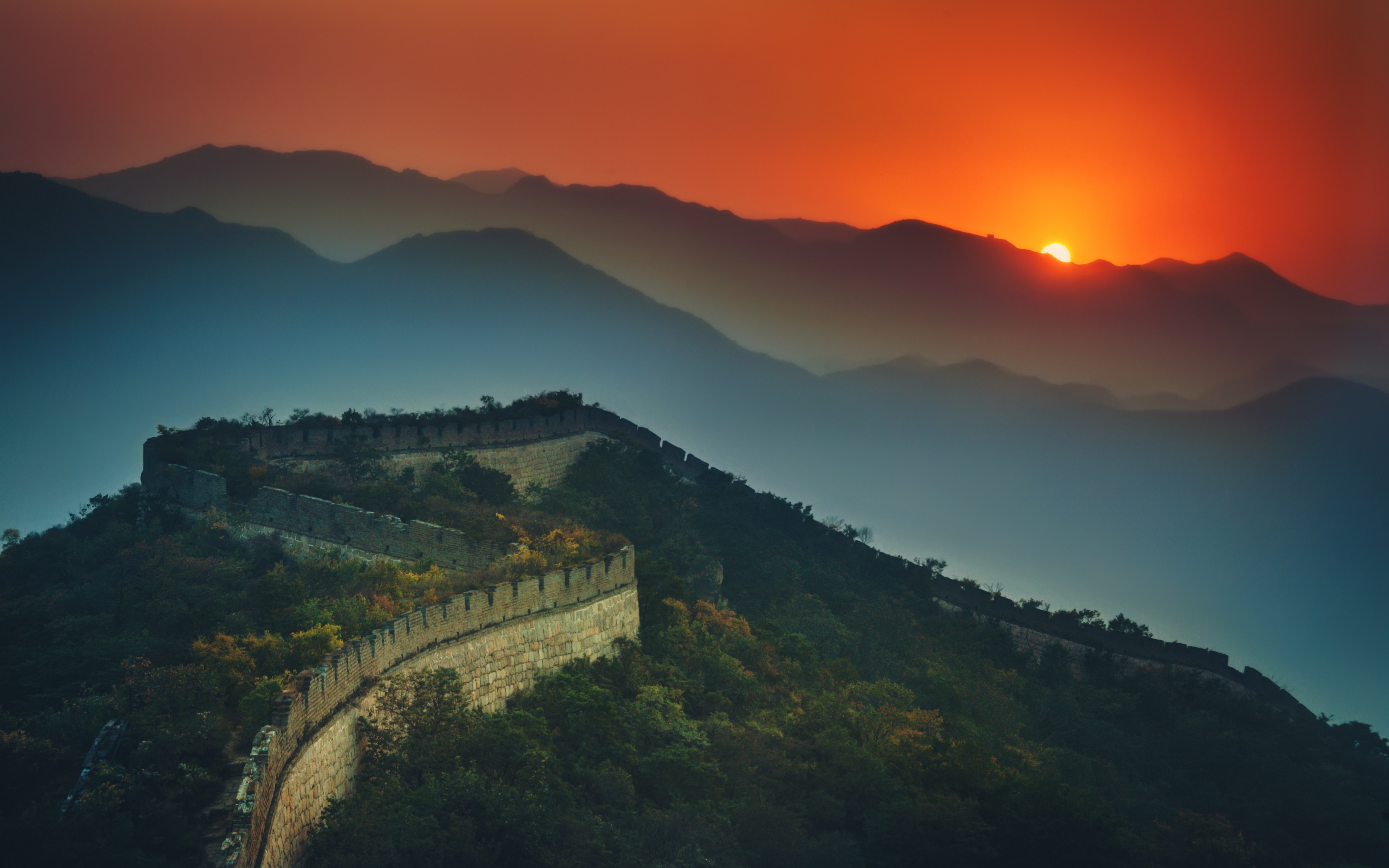 sunset, man made, great wall of china, china, monuments 8K