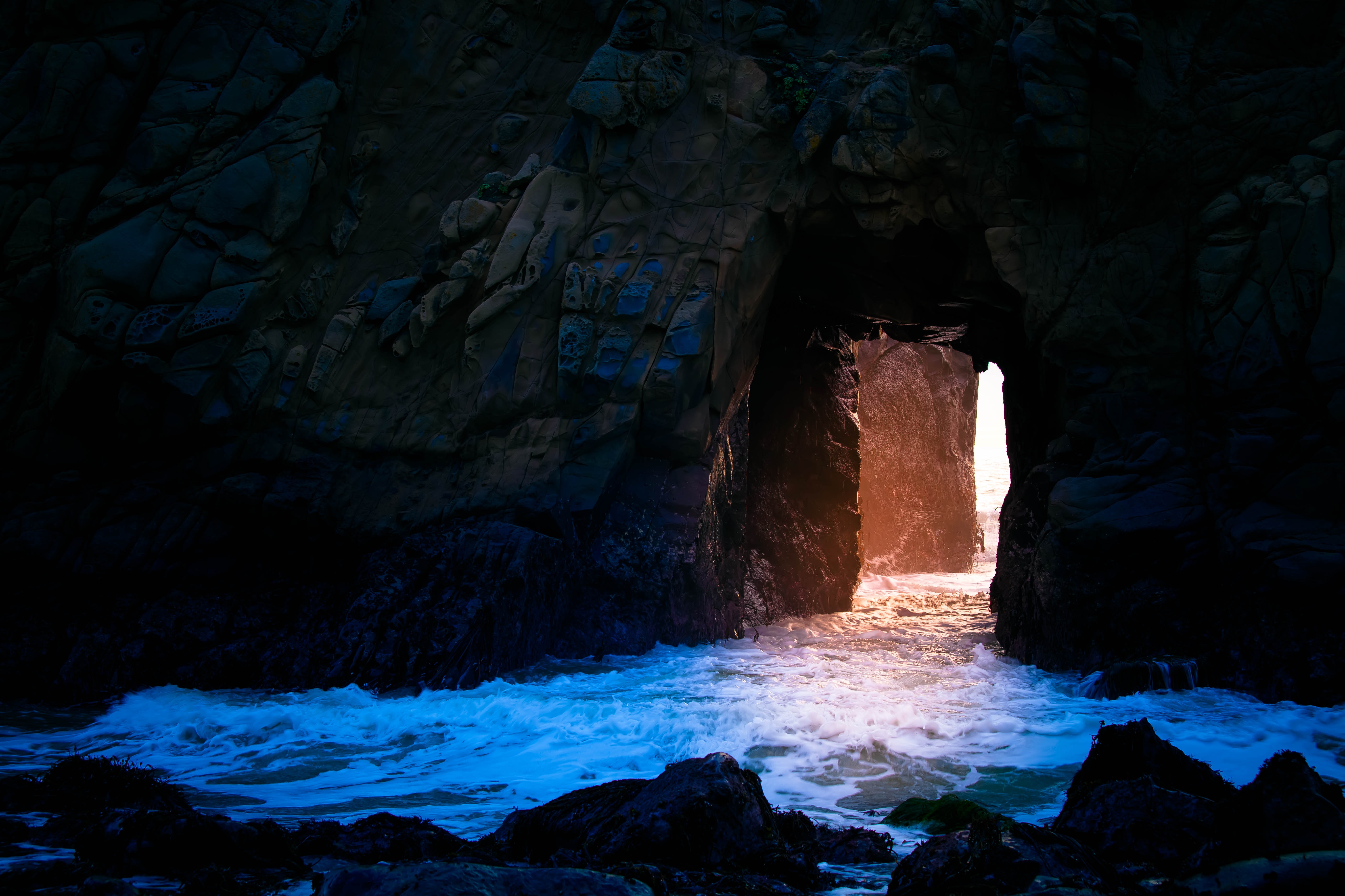 Download mobile wallpaper Cave, Stones, Rock, Nature, Water, Shine, Light for free.