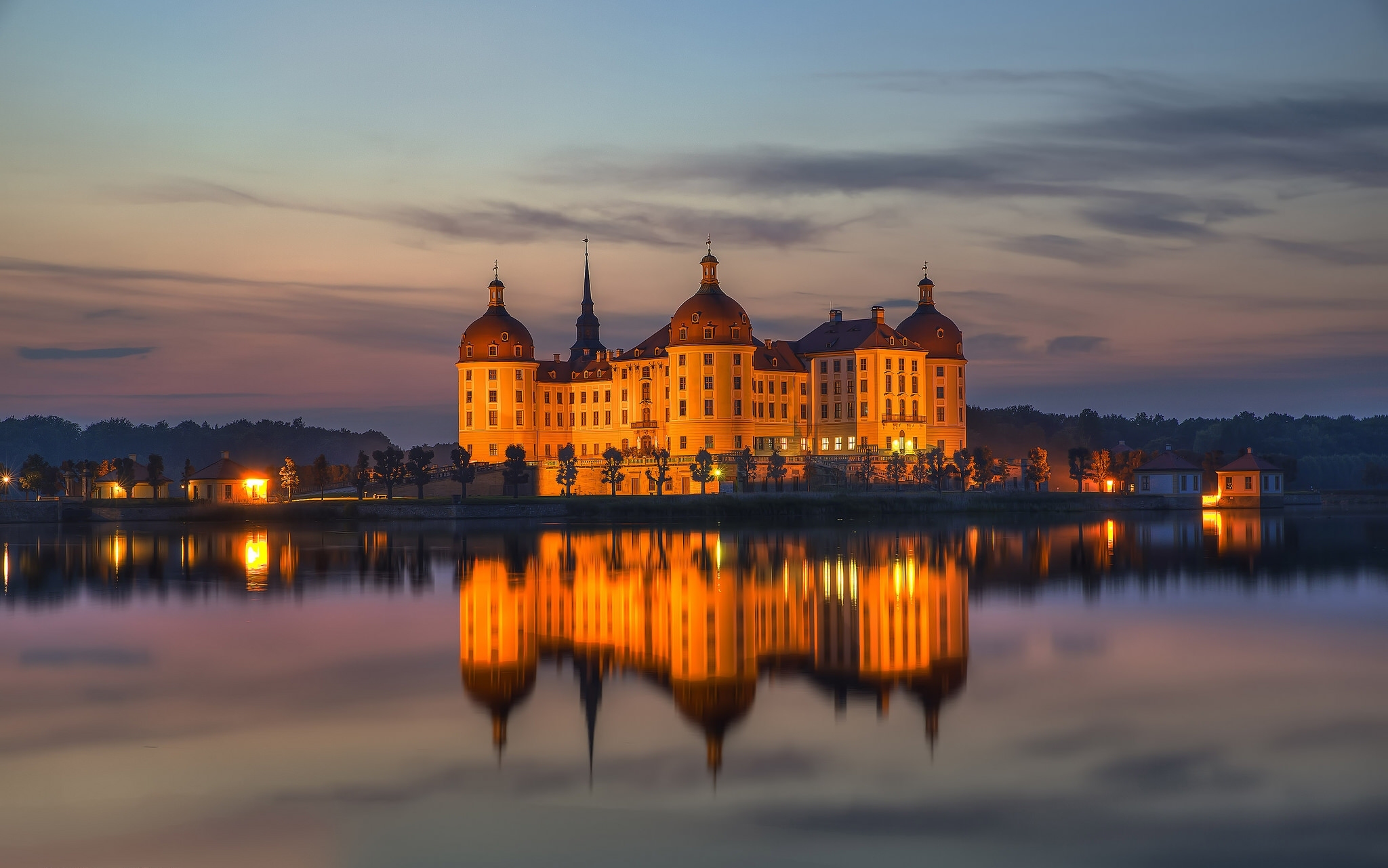 Download mobile wallpaper Water, Castles, Reflection, Dusk, Germany, Man Made, Castle, Moritzburg Castle for free.