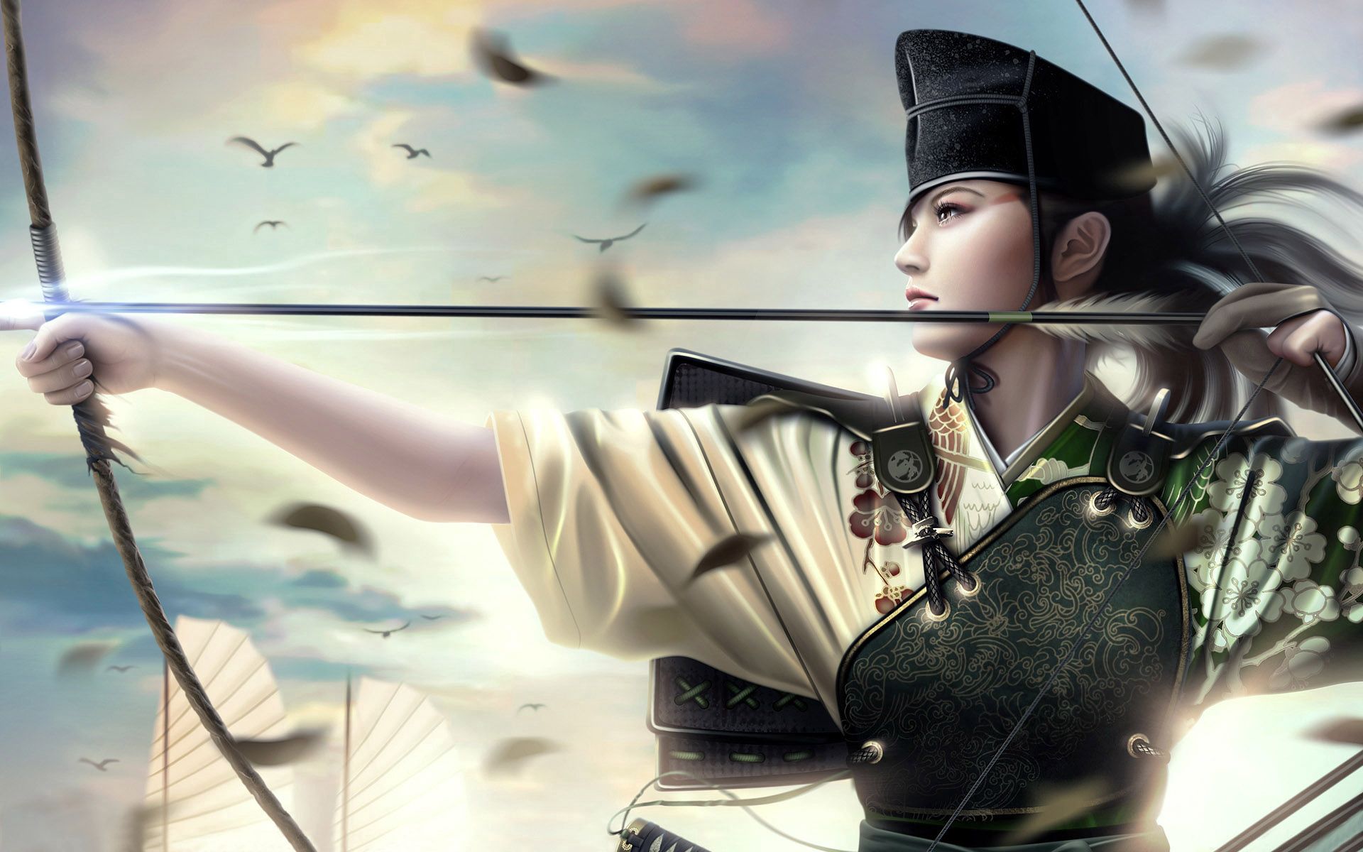 Free download wallpaper Shooter, Rifleman, Feather, Girl, Weapon, Fantasy on your PC desktop