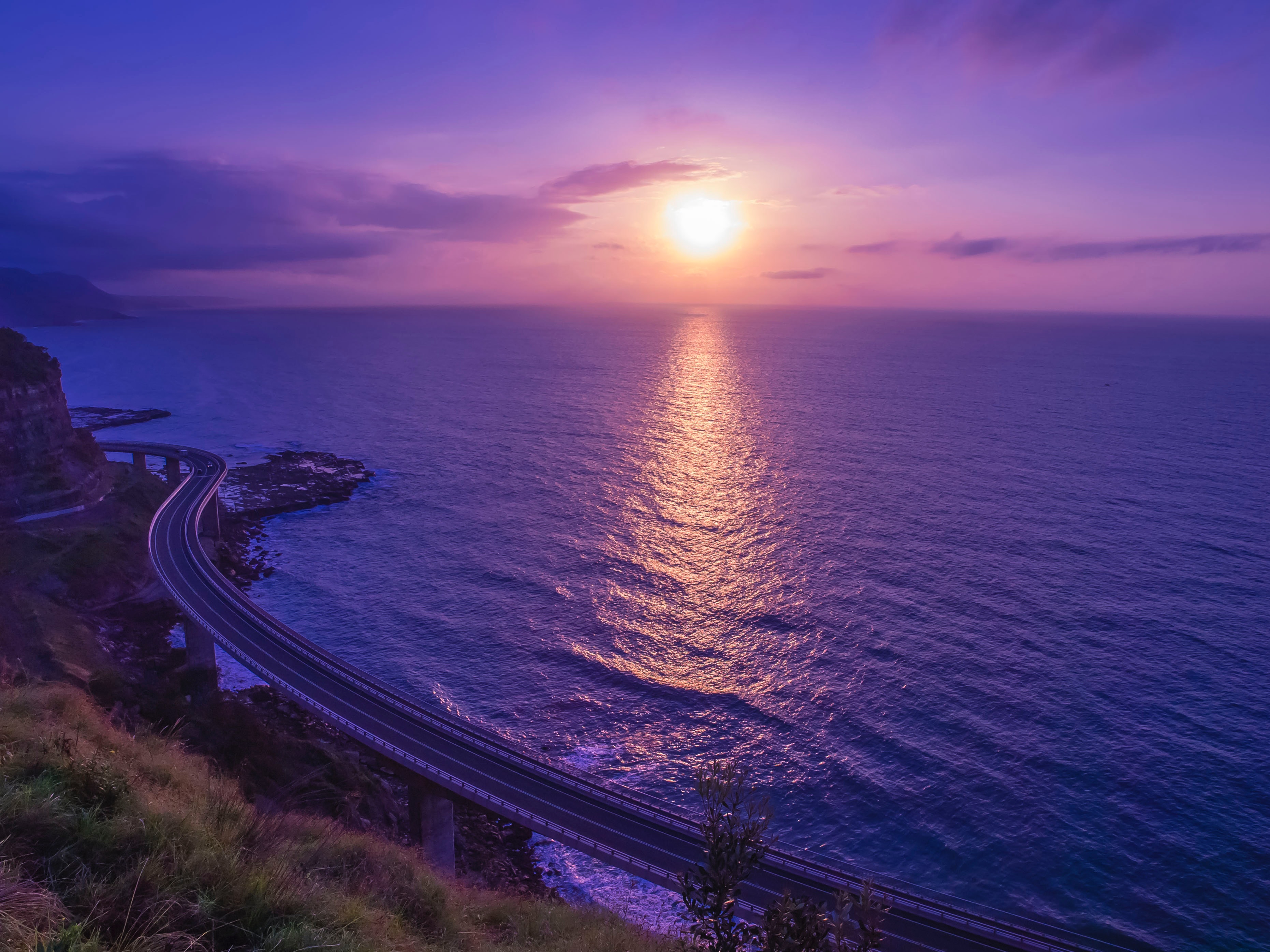 purple, sunset, nature, sea, lilac, violet, horizon, bridge HD wallpaper