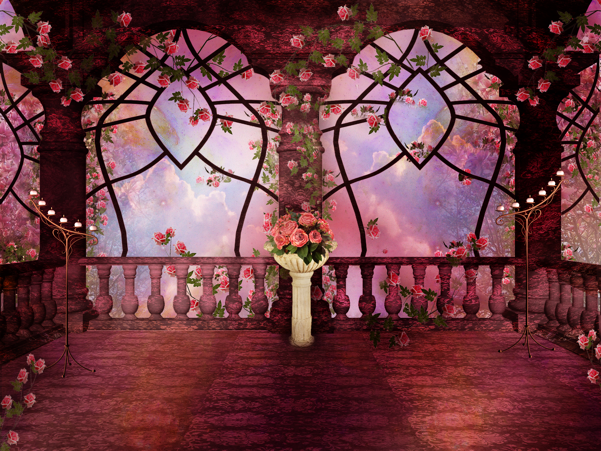 HD wallpaper artistic, rose, arch, candle, columns, fantasy, gothic, pink rose