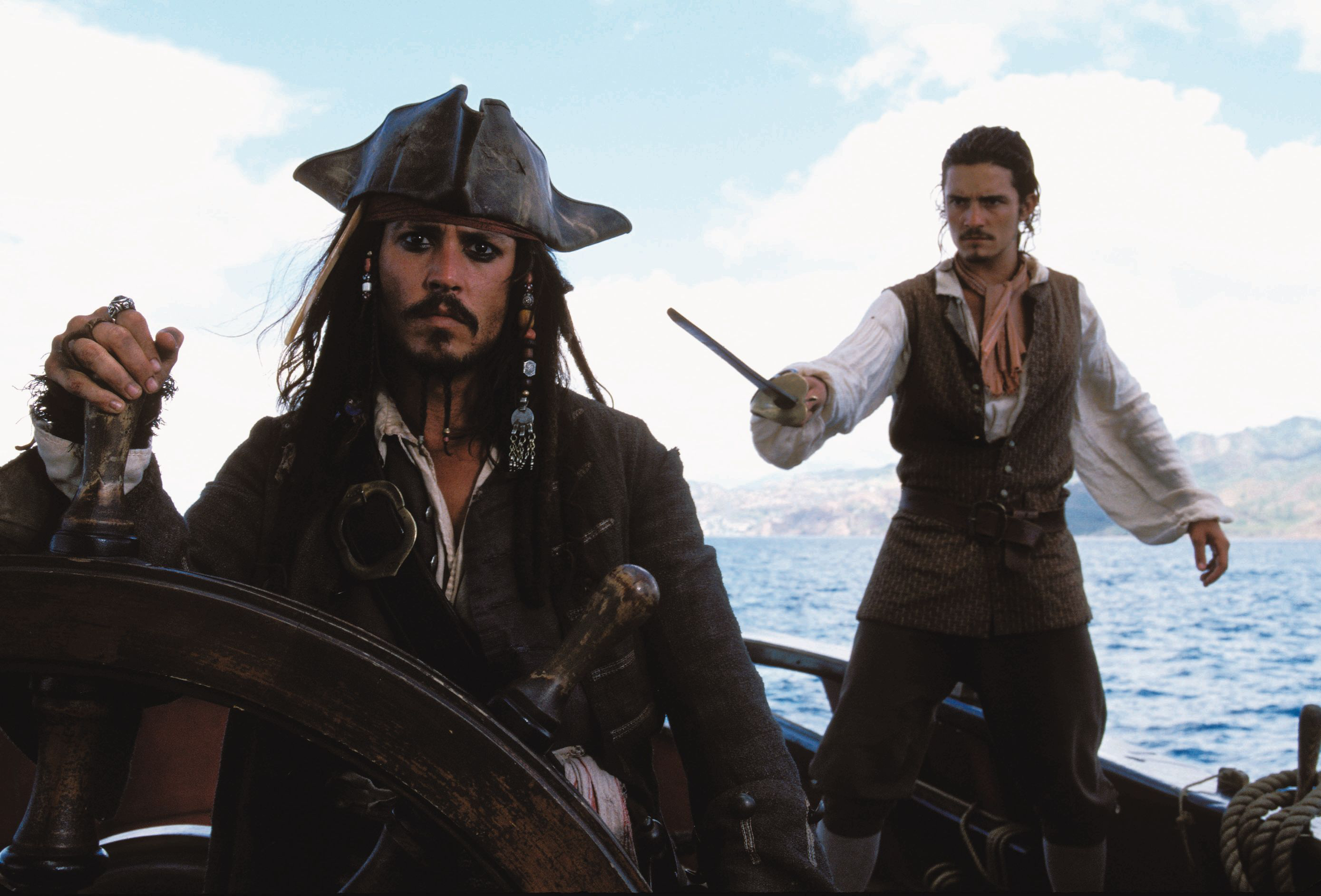 pirates of the caribbean: the curse of the black pearl, pirates of the caribbean, movie, jack sparrow, johnny depp, orlando bloom, will turner download HD wallpaper