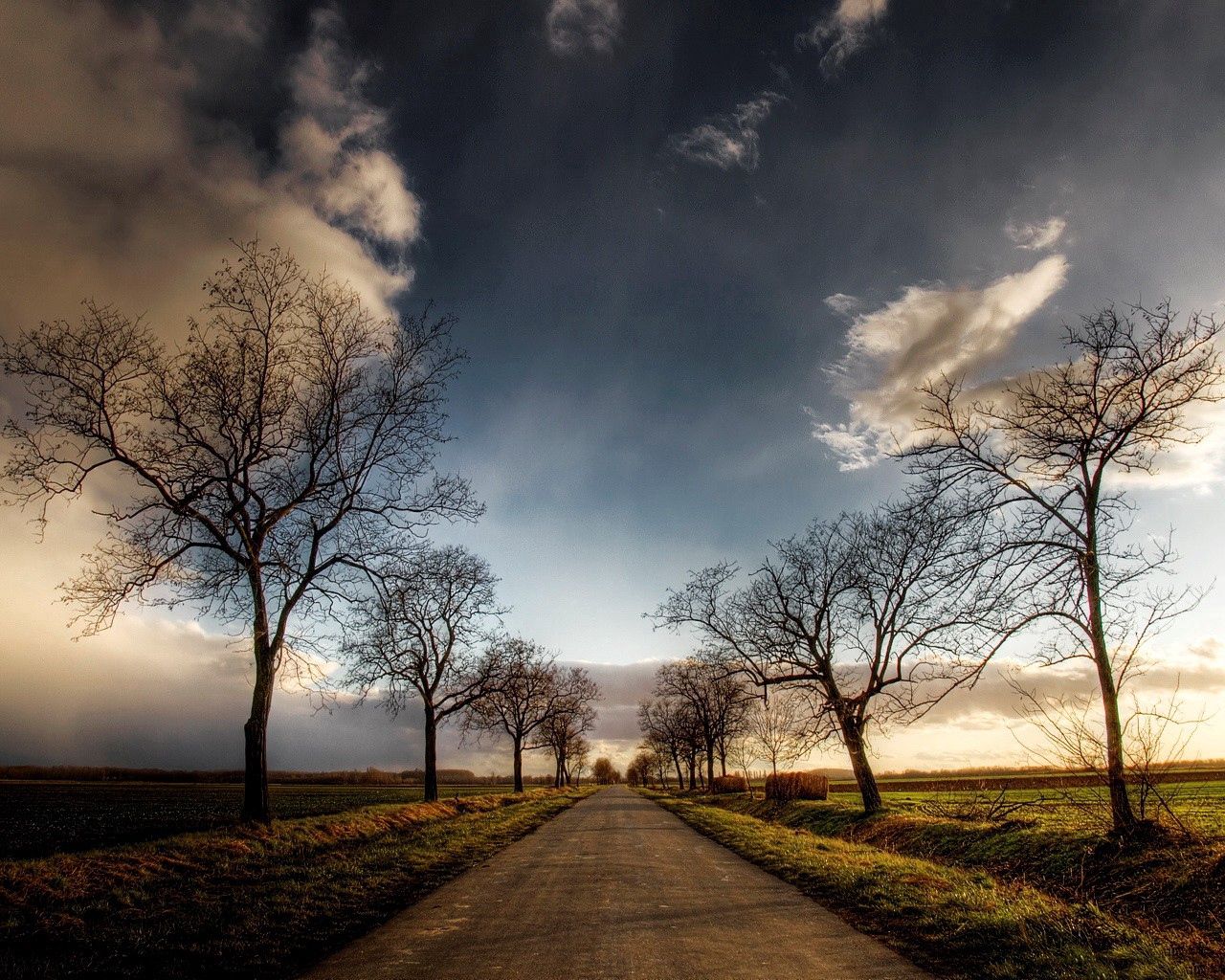 Download mobile wallpaper Sky, Clouds, Road, Trees, Nature, Fields for free.