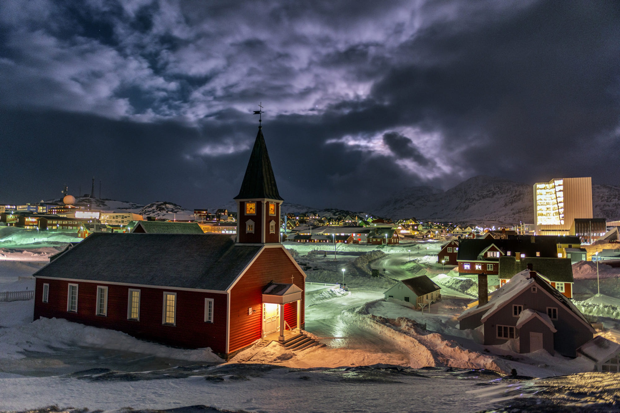 HD wallpaper greenland, denmark, religious, cathedral, church, city, mountain, night, snow