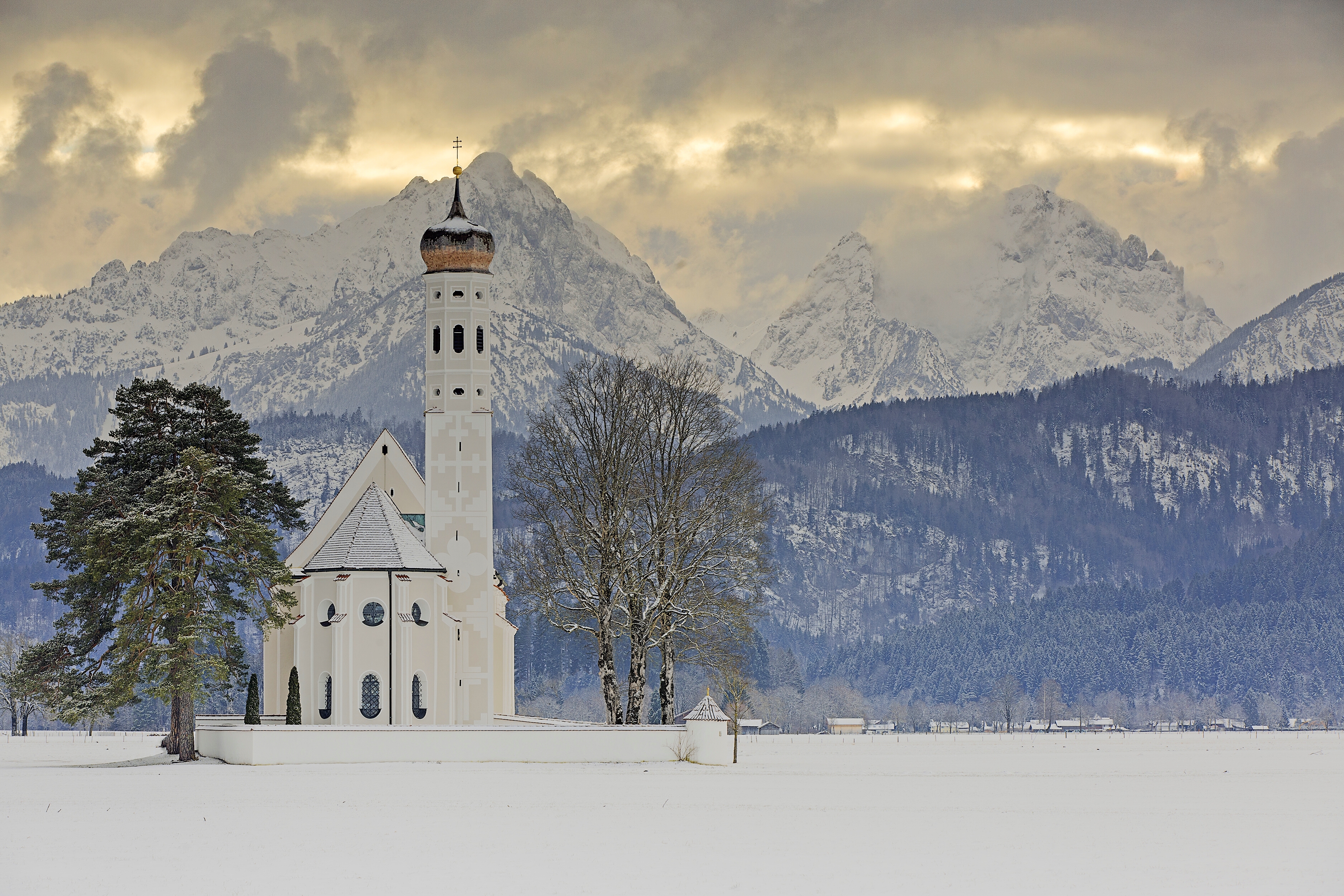 religious, church, alps, bavaria, germany, mountain, schwangau, tree, winter, churches QHD