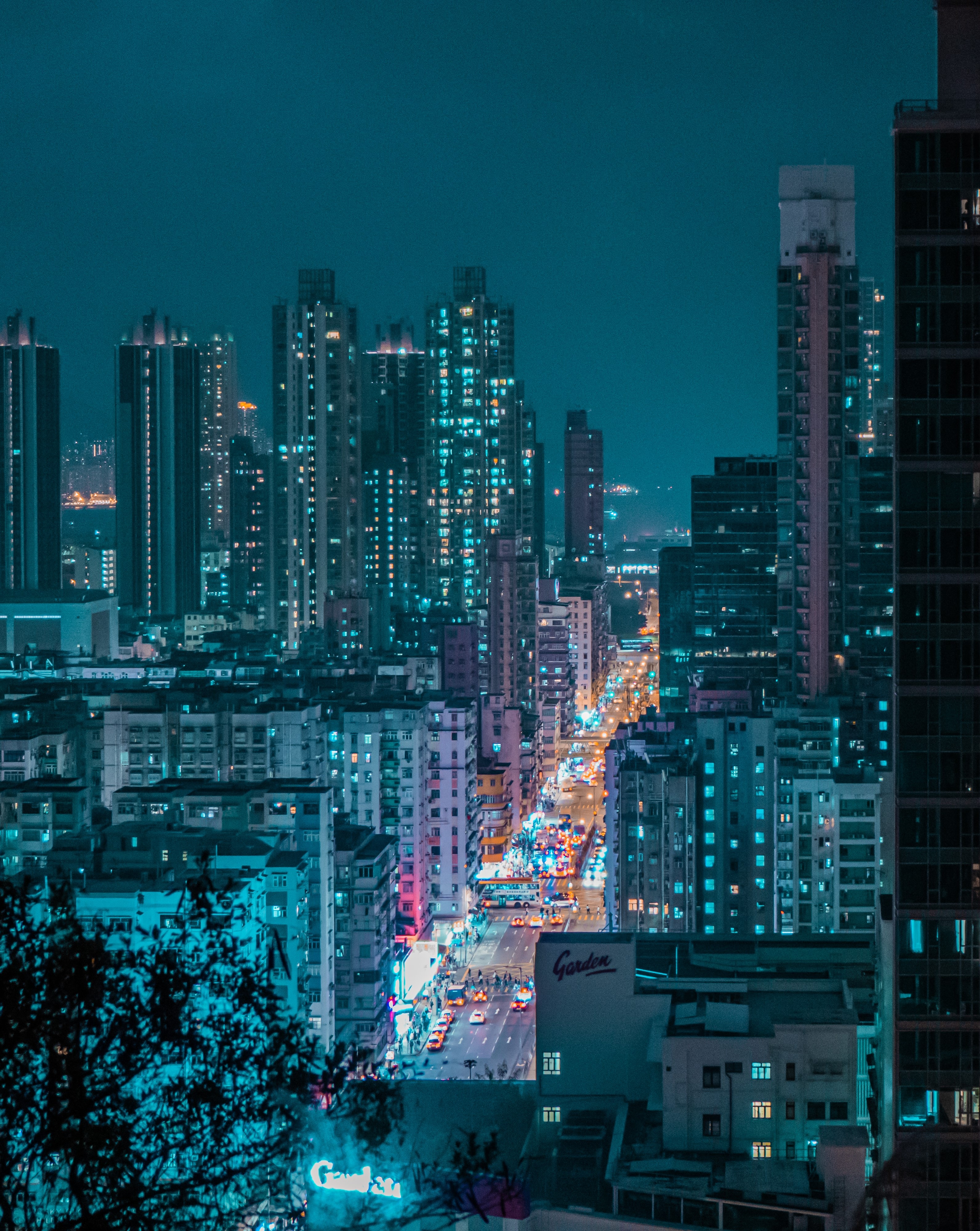 night city, cities, city, building, lights, view from above, road