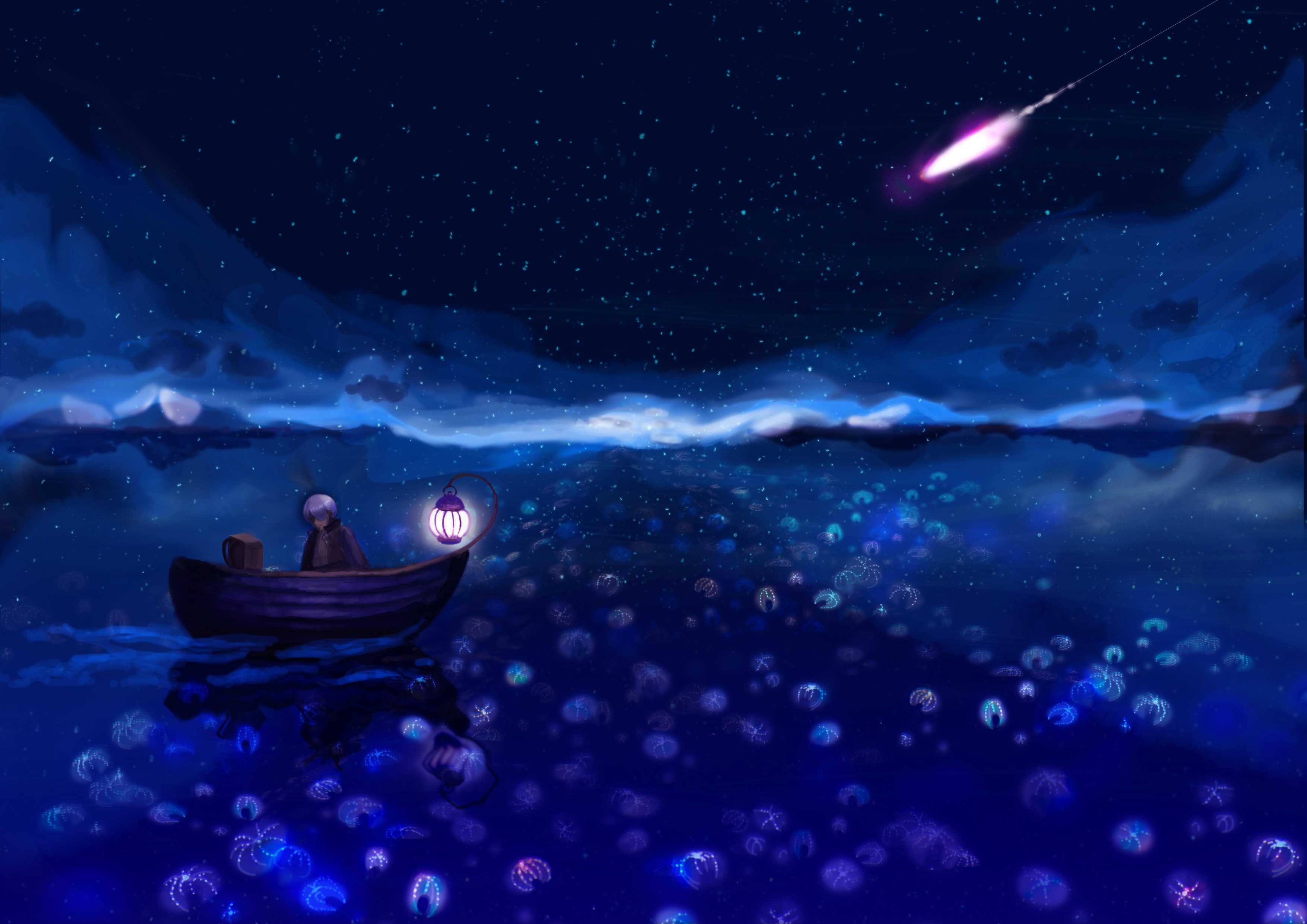 Наночь или на ночь. Лодка ночью. Лодка и звездное небо. Ночь фэнтези.