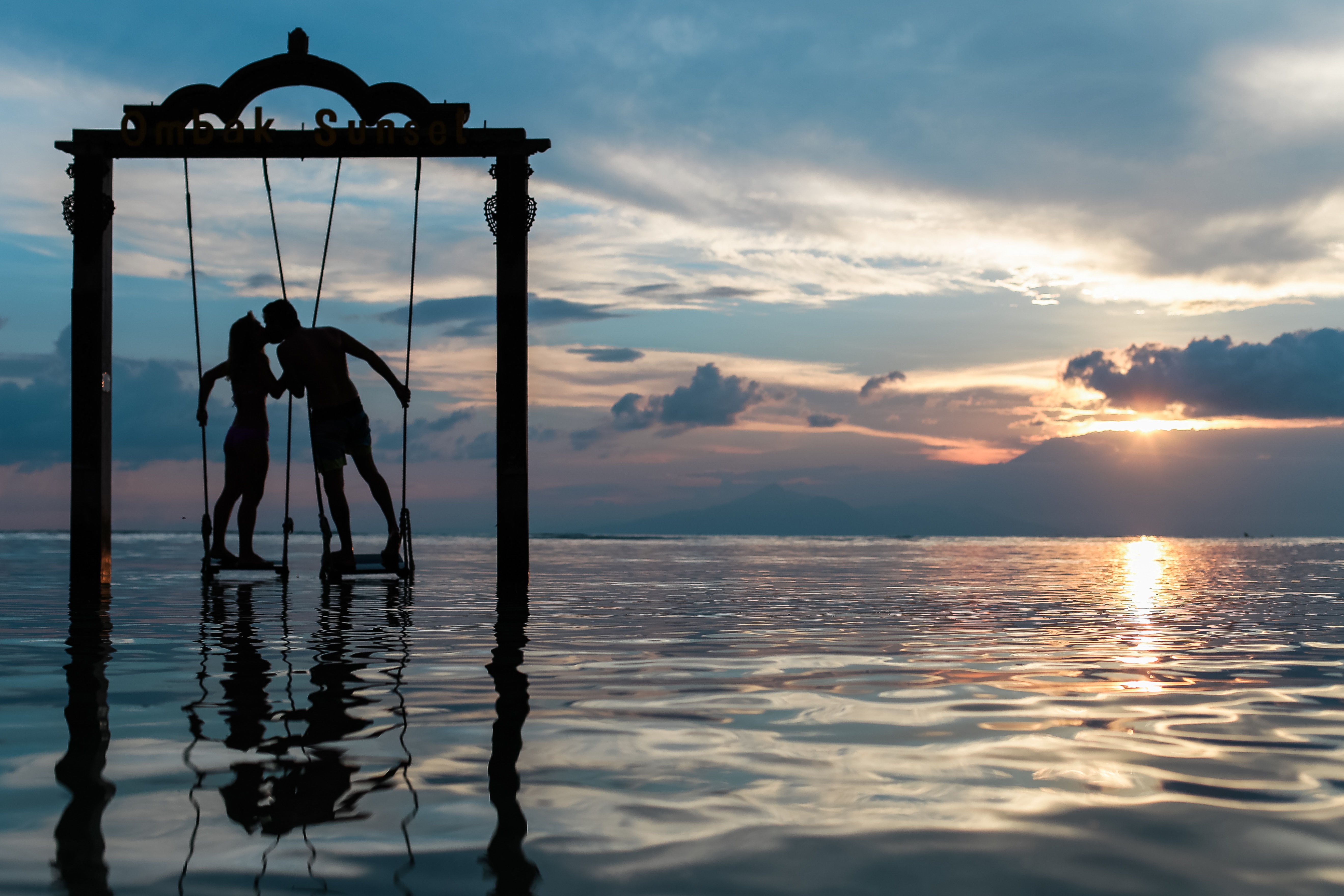 romance, couple, sunset, sea, love, pair, silhouettes, swing
