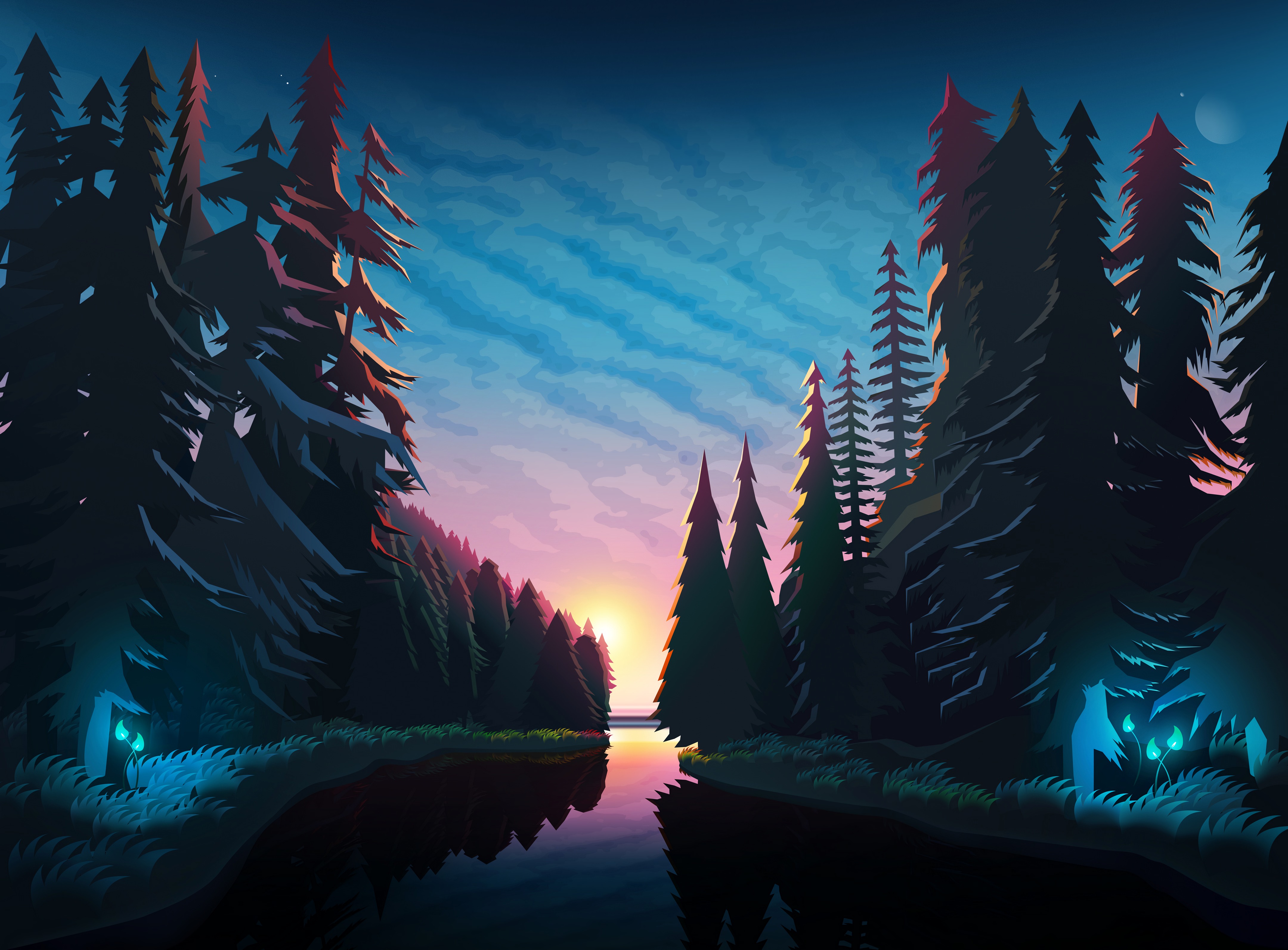 Free download wallpaper Art, Rivers, Sunset, Forest, Landscape on your PC desktop