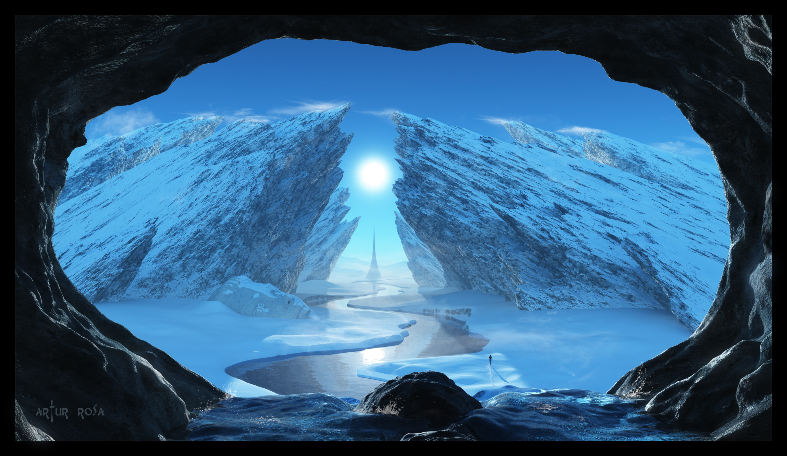 winter, fantasy, cave, landscape, ice, stream, snow High Definition image