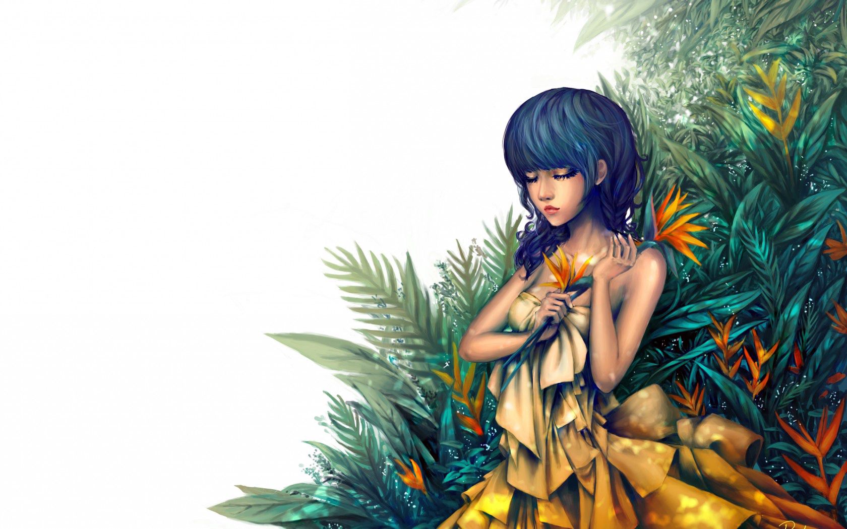 Download mobile wallpaper Closed Eyes, Yellow Dress, Plants, Painting, Face, Art, Girl for free.