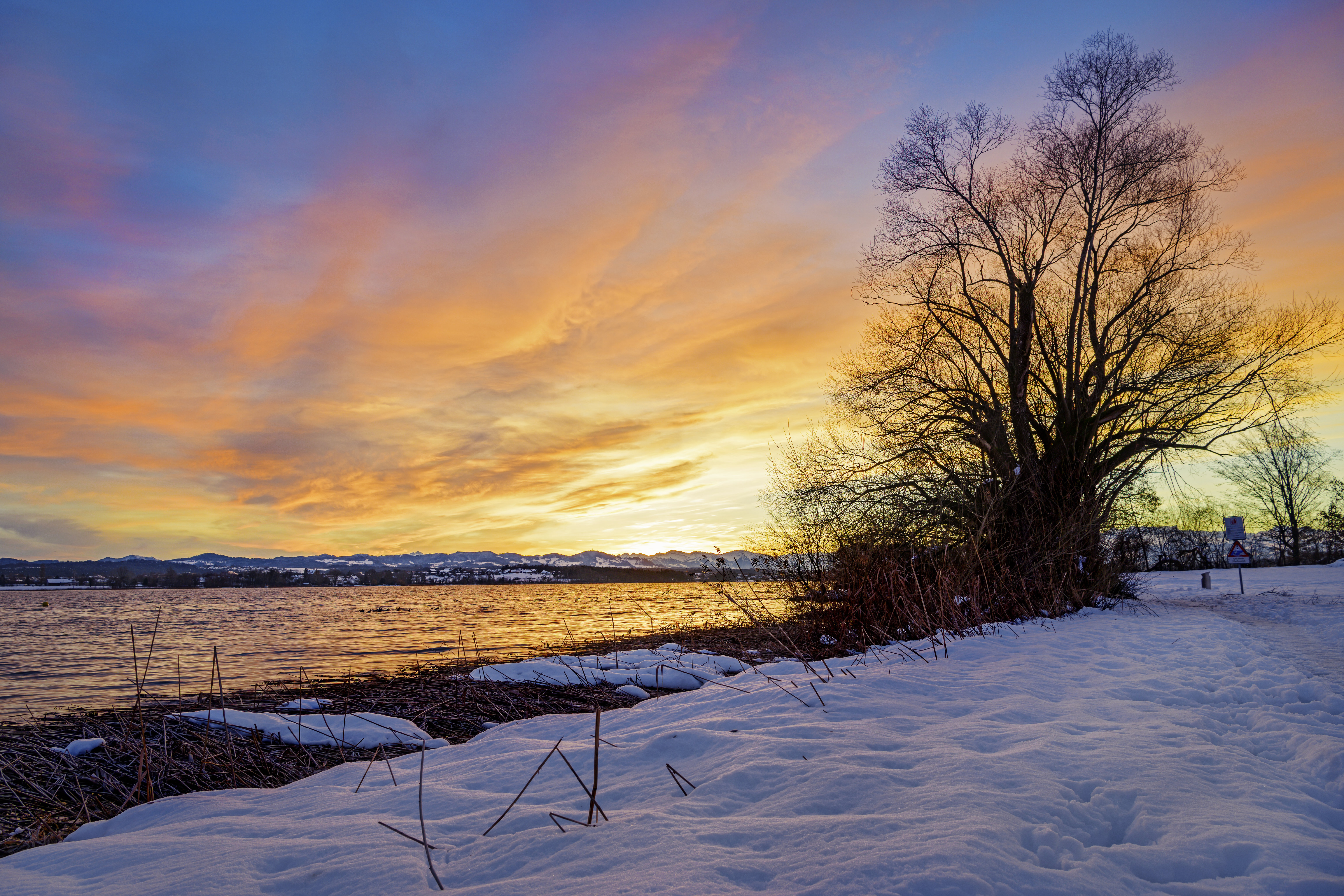Free download wallpaper Winter, Nature, Sunset, Snow, Lake, Wood, Tree, Landscape on your PC desktop