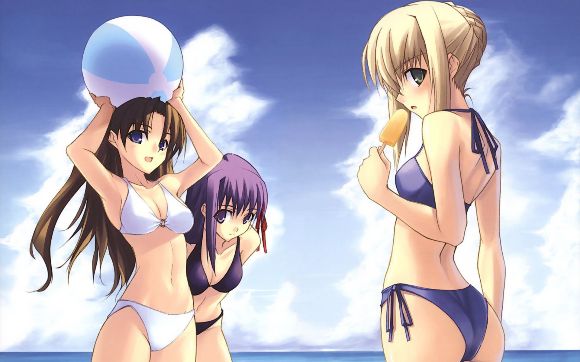 Девушки на пляже в купальниках аниме