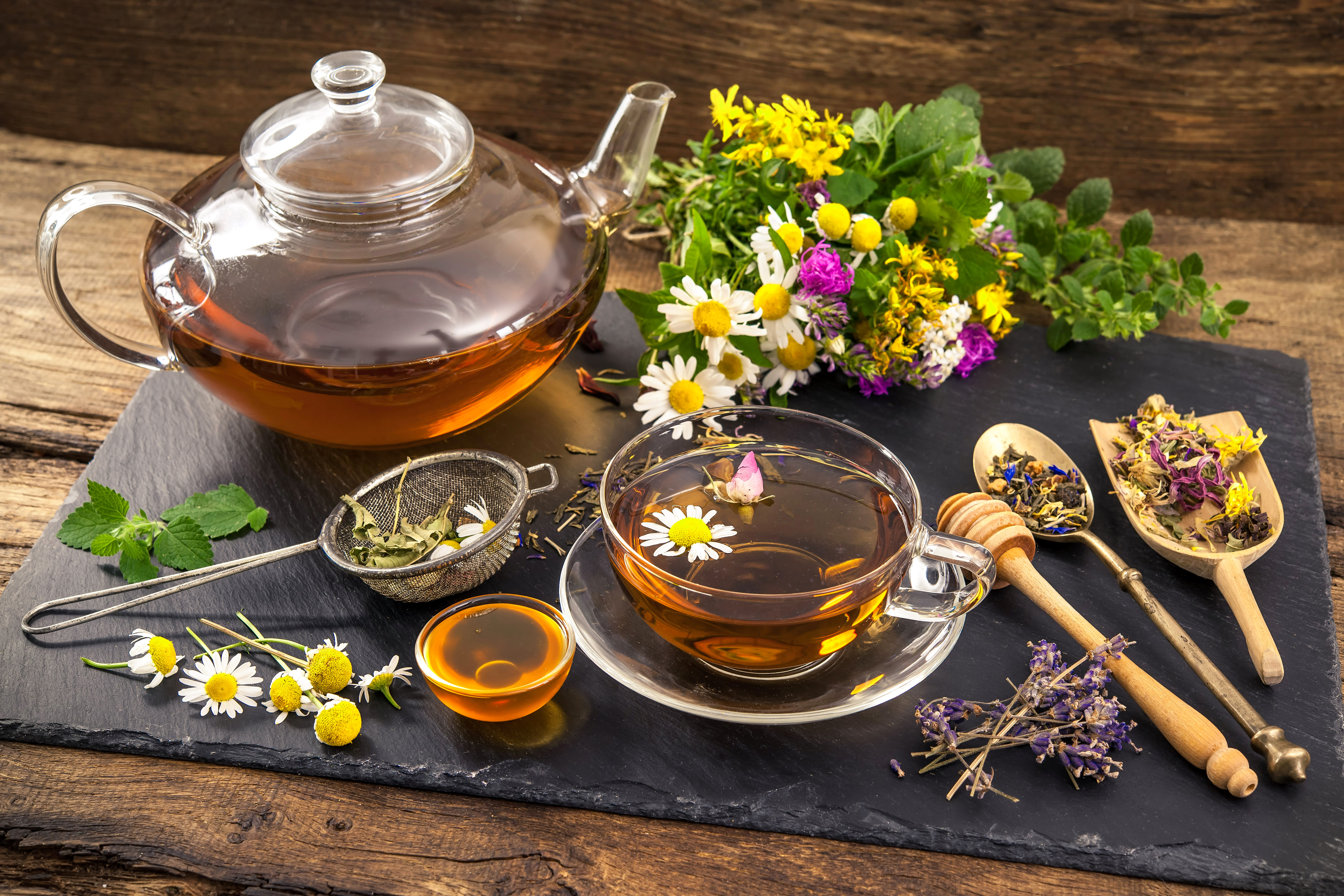 tea, photography, still life, chamomile, cup, flower, teacup, teapot 2160p
