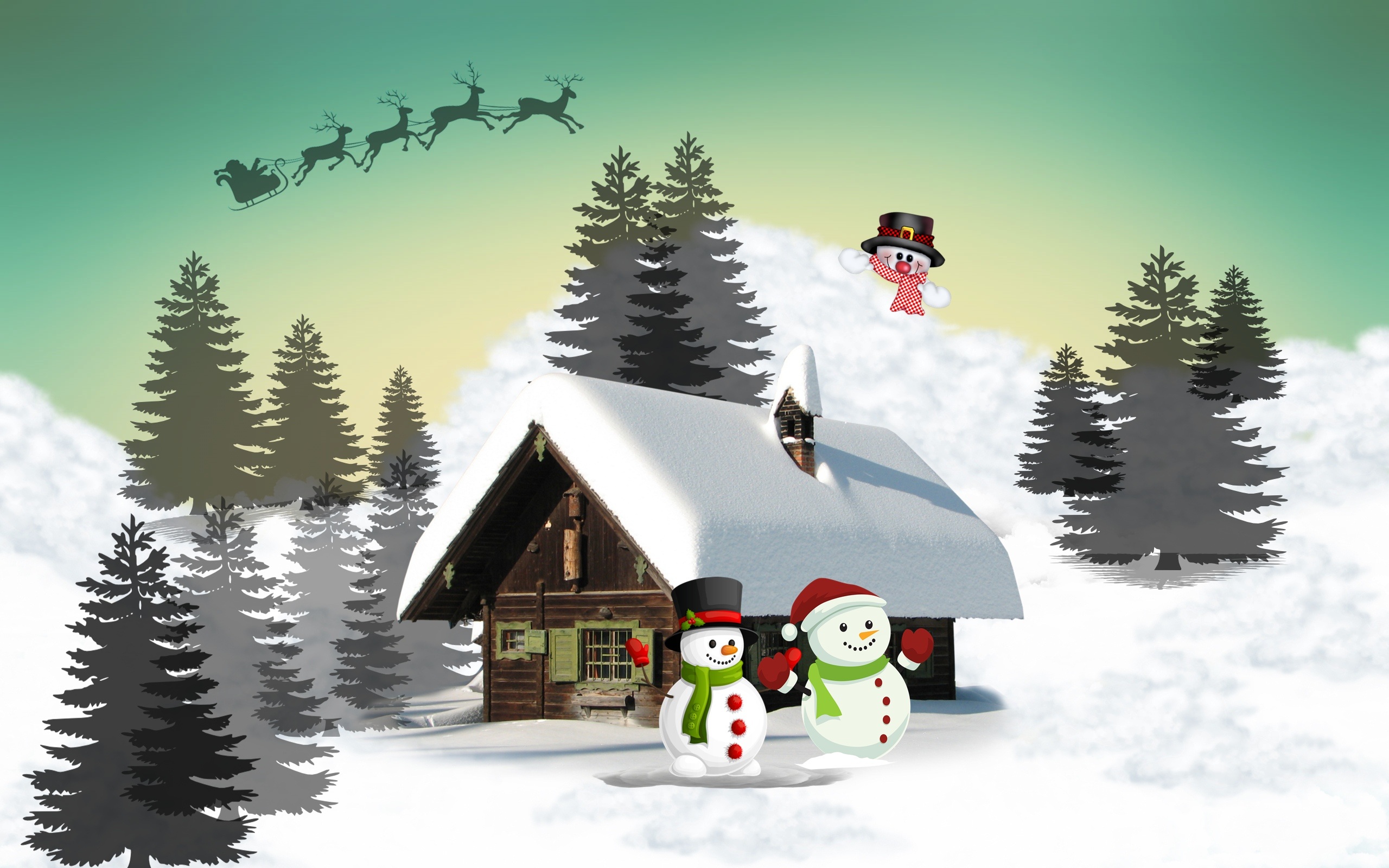 winter, holiday, christmas, cabin, reindeer, santa, sled, snow, snowman, tree HD wallpaper