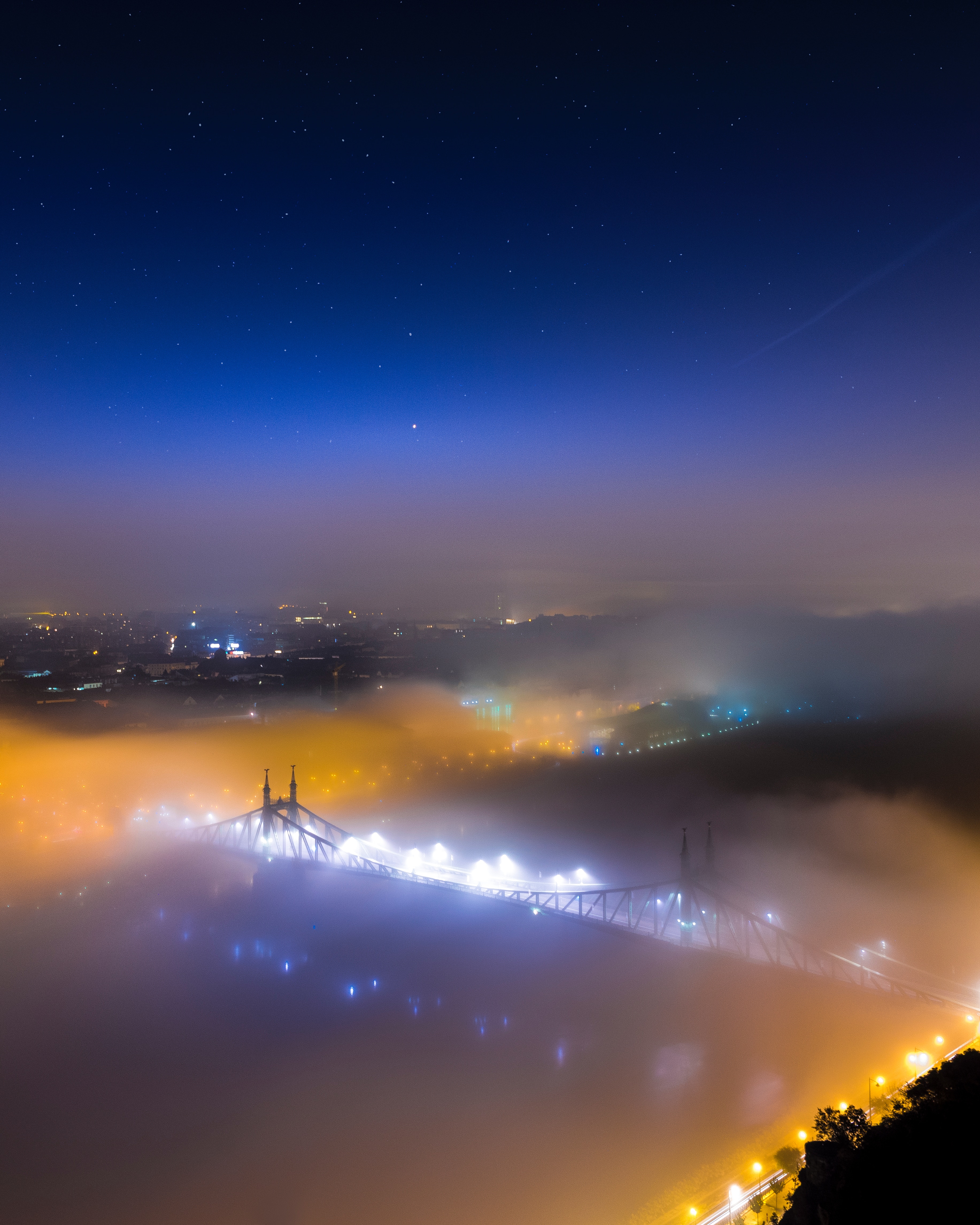 Download mobile wallpaper Budapest, Hungary, Fog, Bridge, View From Above, Nature, Night City for free.