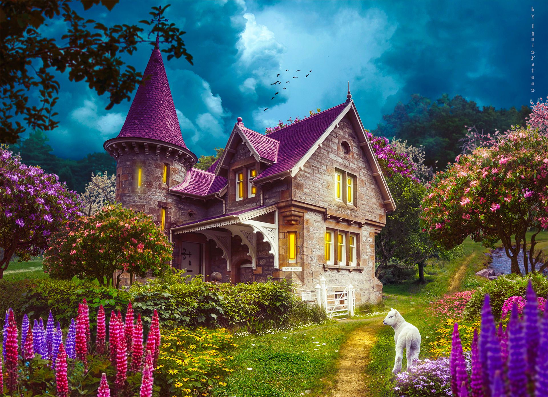 artistic, house, fantasy, flower, goat, path, purple, tree