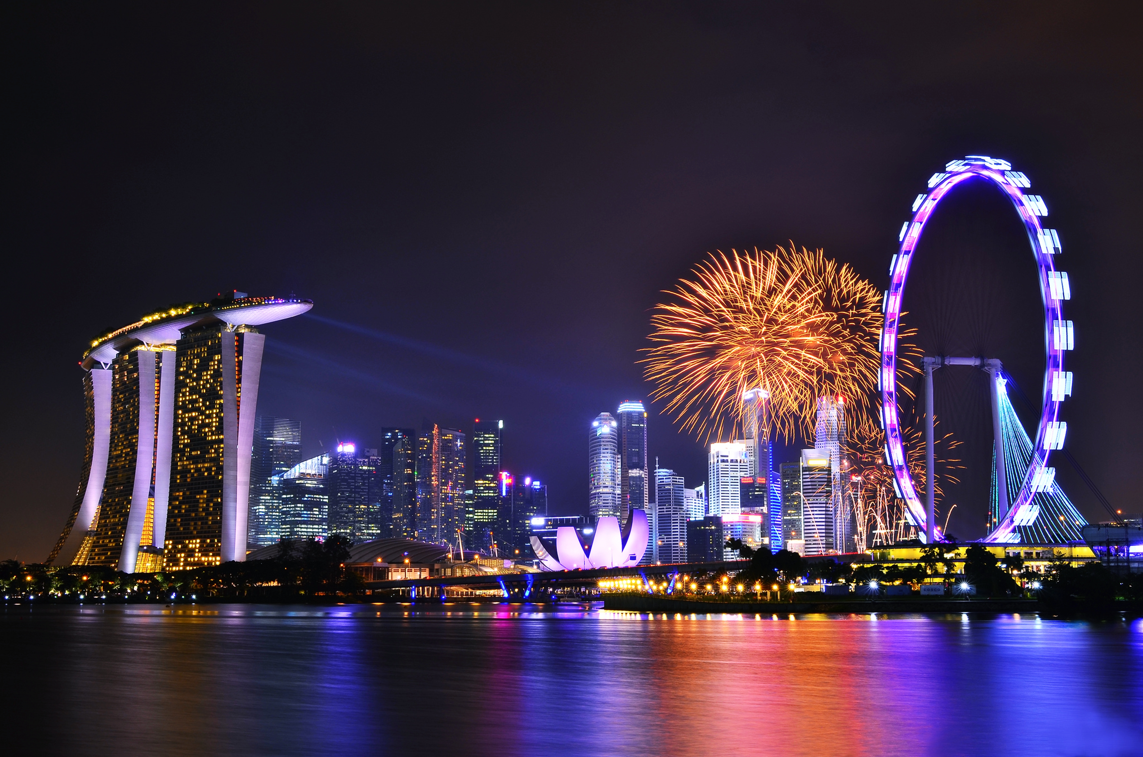 cities, celebration, fireworks, singapore, man made, building, light, night, skyscraper