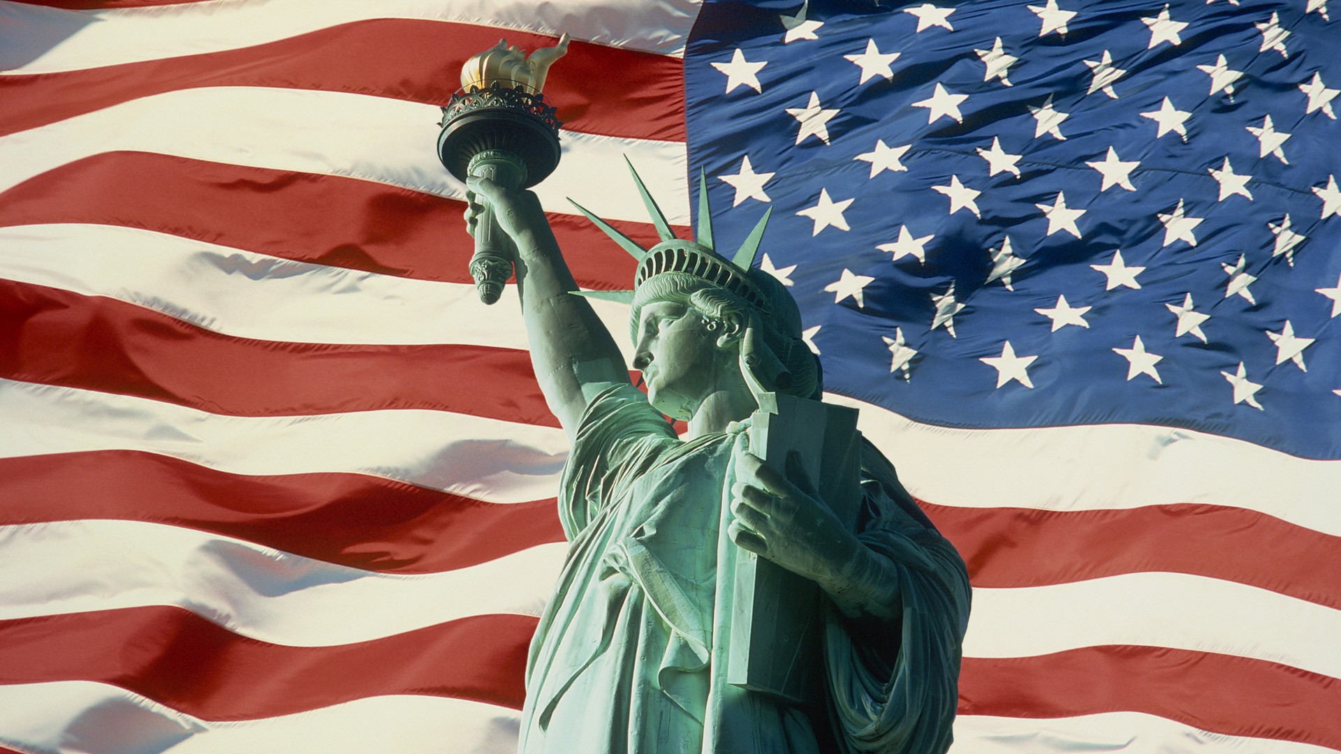 statue of liberty, man made, american flag Desktop home screen Wallpaper