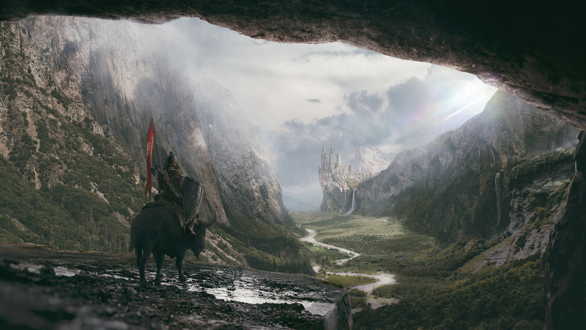 warrior, fantasy, landscape, buffalo, castle Full HD