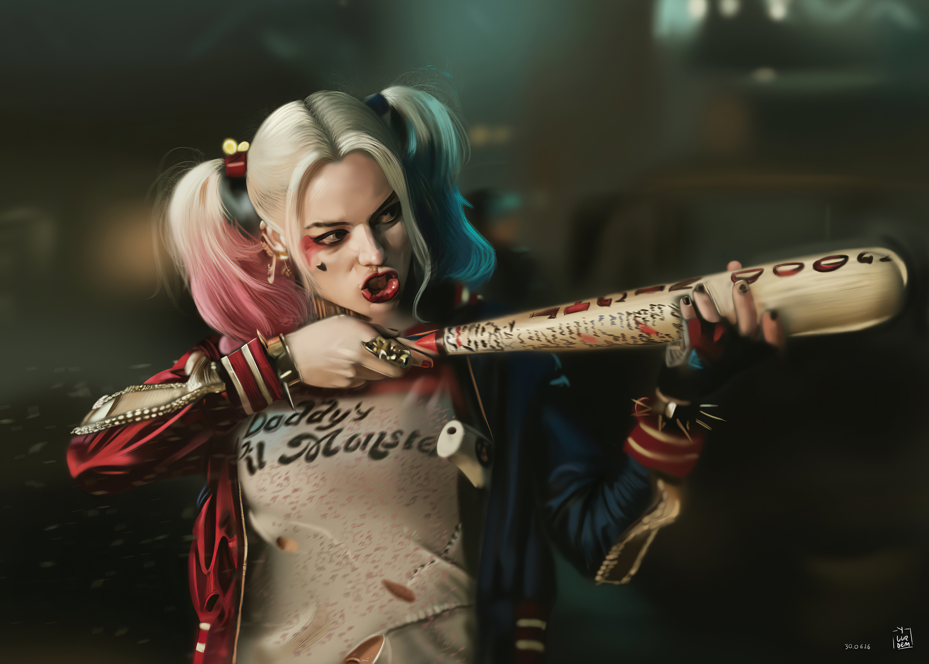 face, dc comics, harley quinn, movie, margot robbie, suicide squad, twintails, white hair, two toned hair images