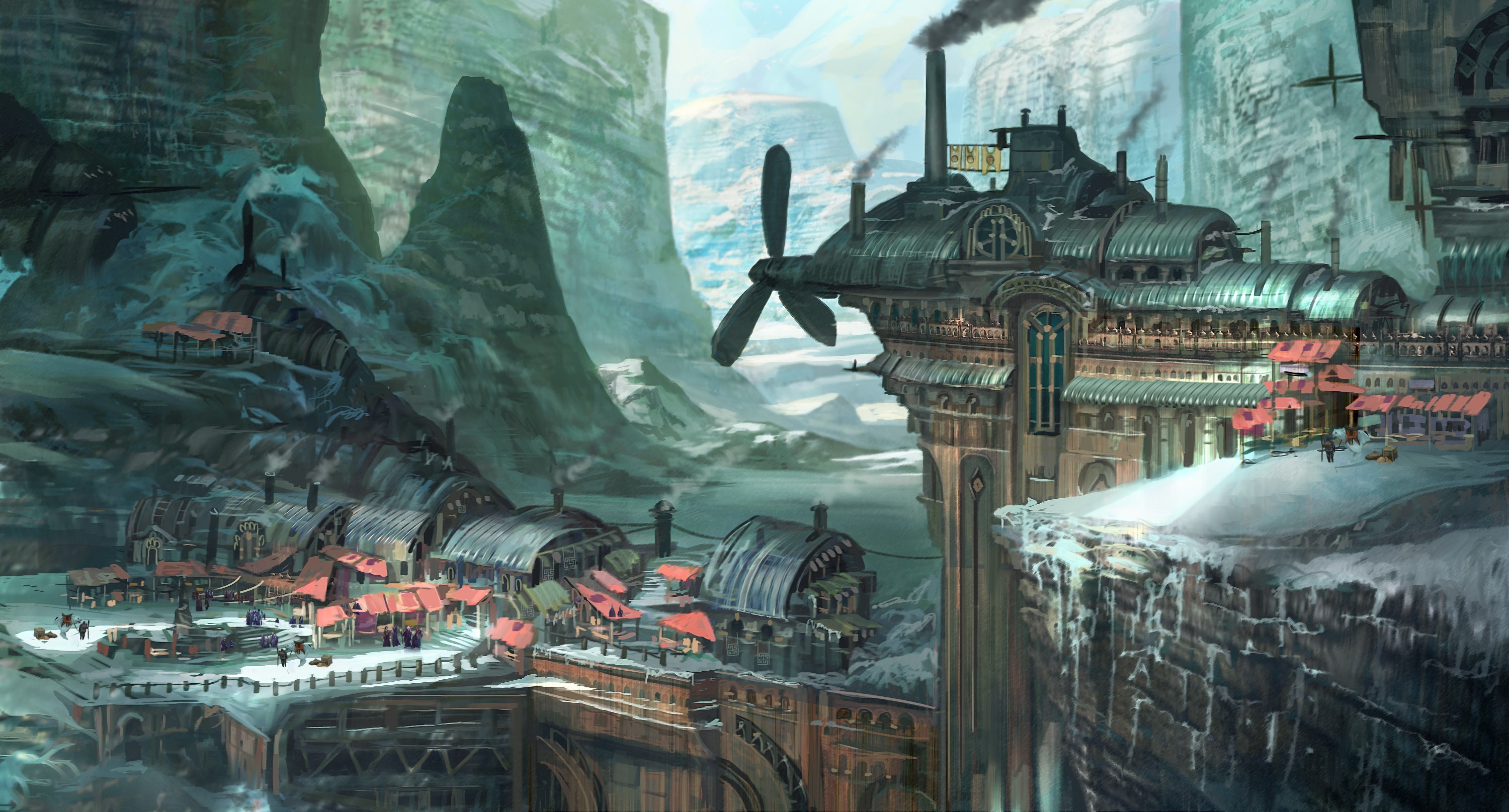 Мирам г э. Tyler Edlin концепт художник. Steampunk город концепт арт. Стимпанк город.