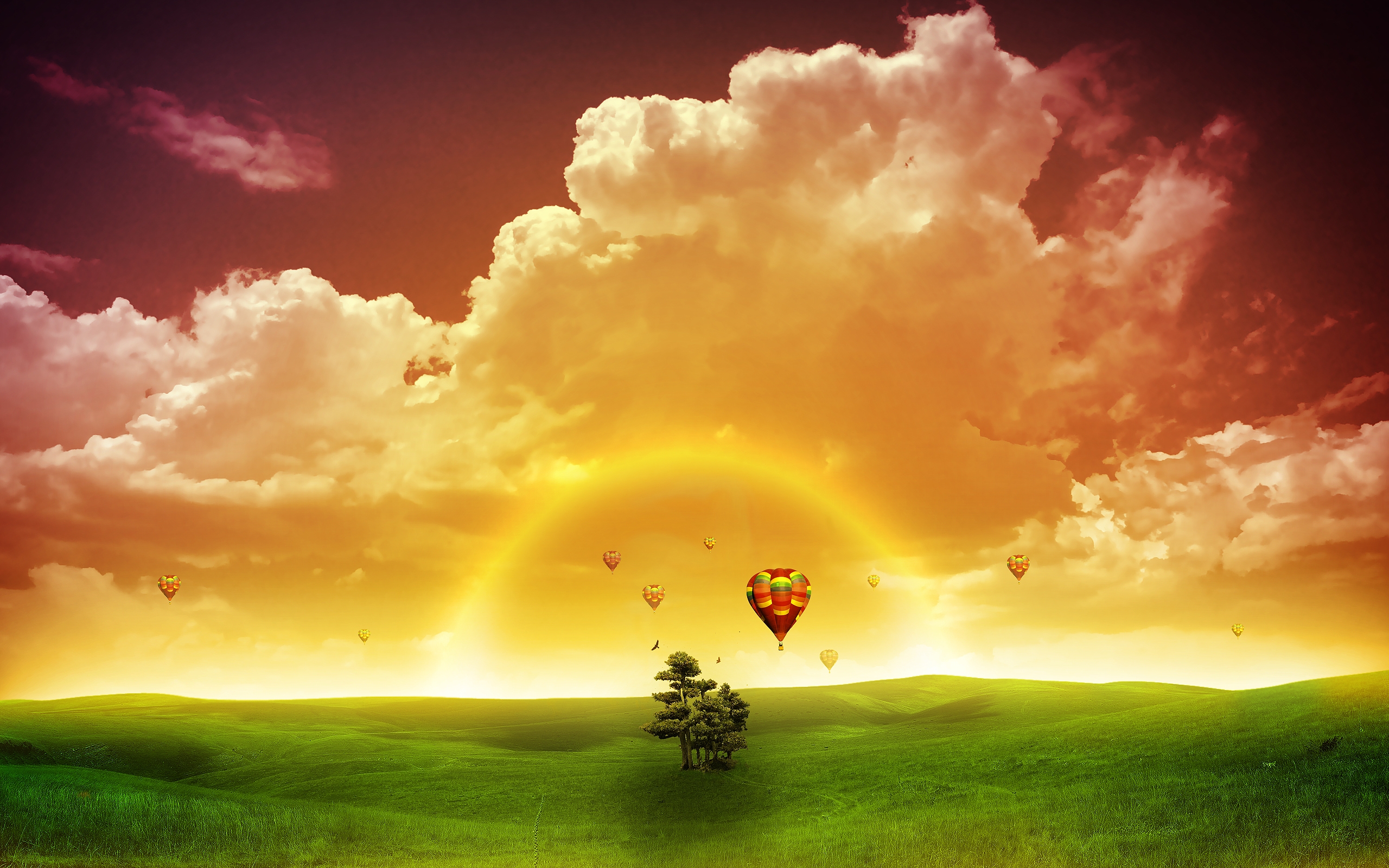 Download mobile wallpaper Hot Air Balloon, Surreal, Field, Fantasy, Tree, Artistic for free.