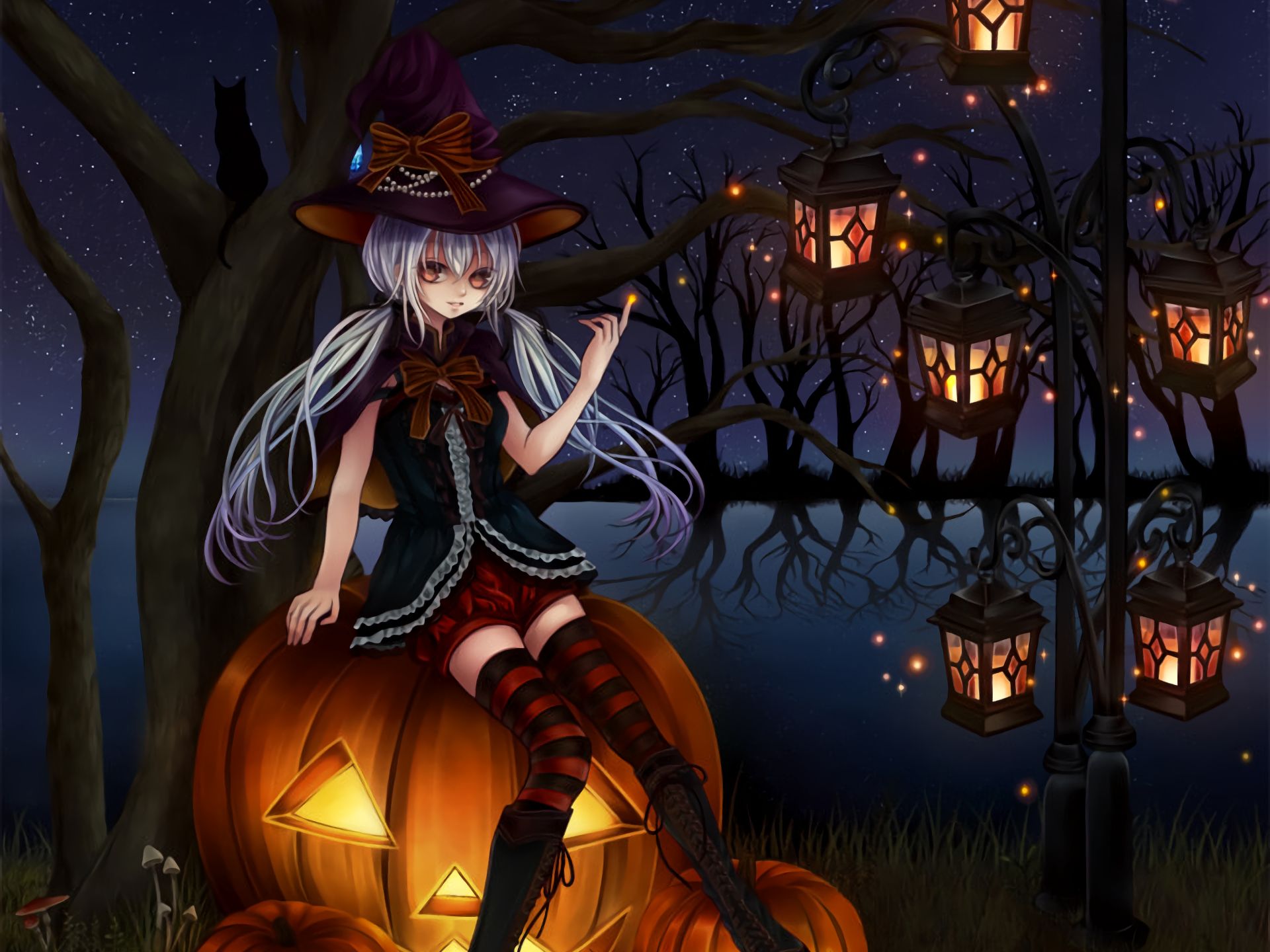 Download mobile wallpaper Anime, Halloween, Night, Holiday, Lantern, White Hair, Jack O' Lantern, Witch Hat for free.