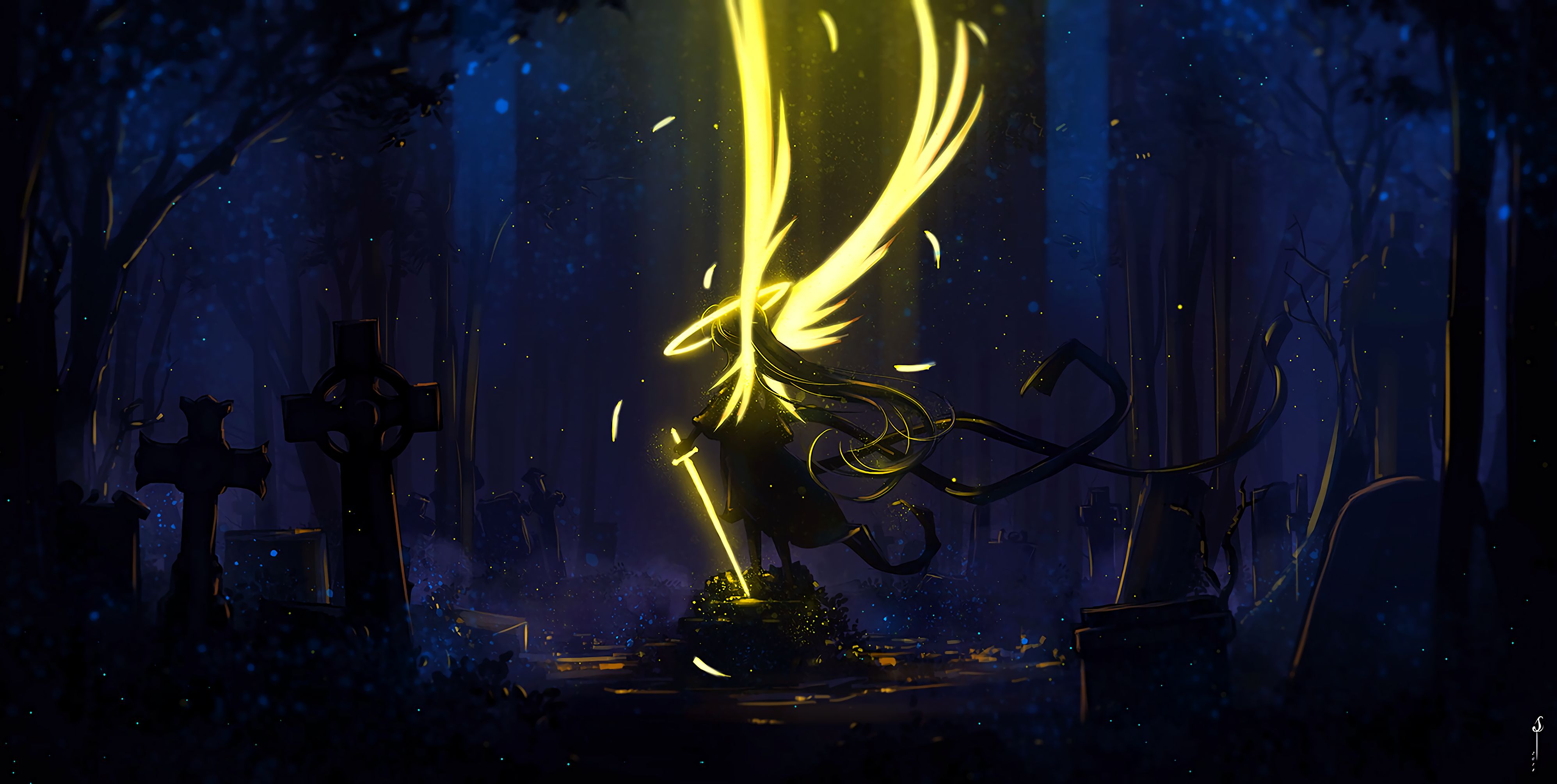 sword, angel, art, yellow, wings, dark 8K