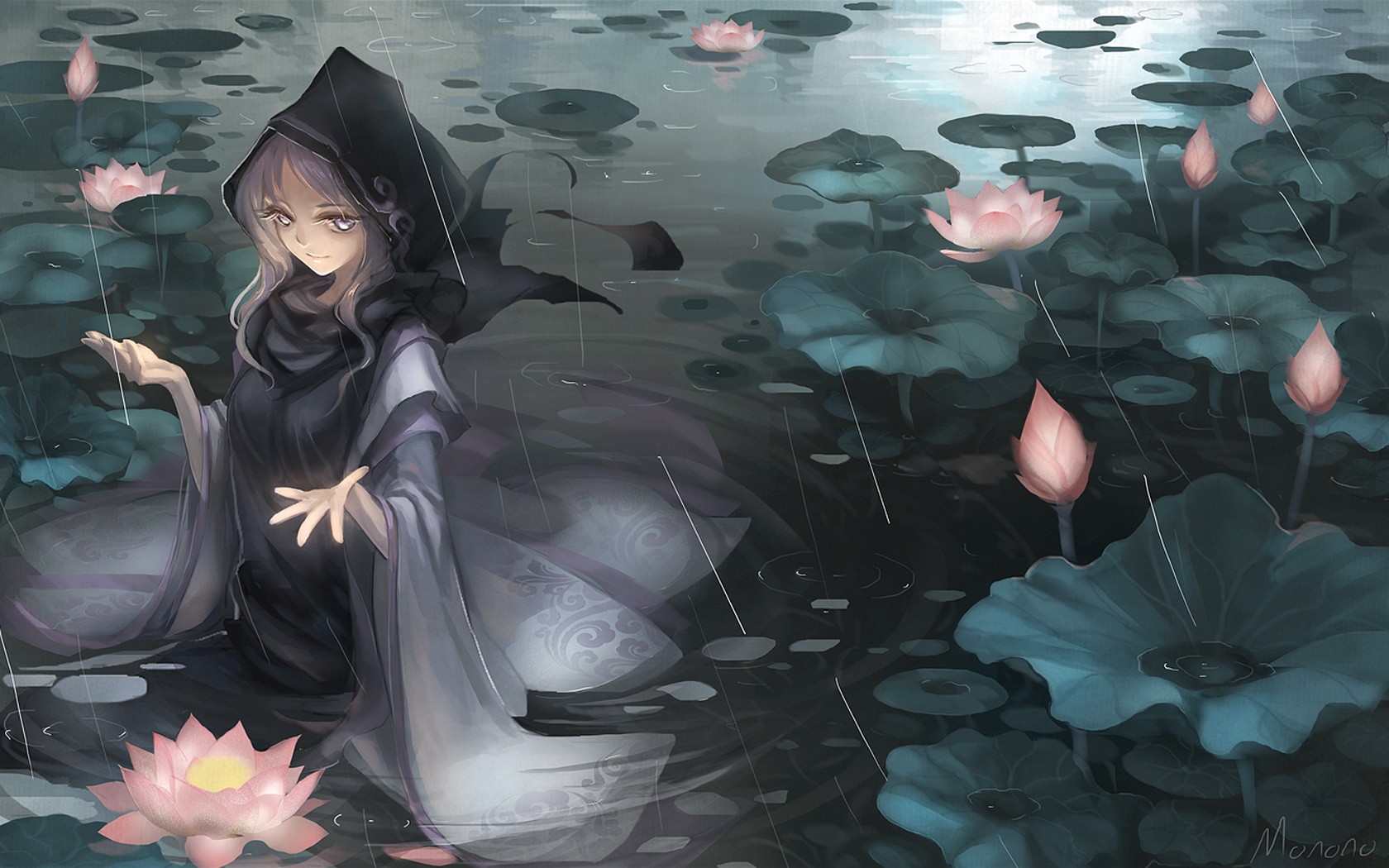 lotus, touhou, water, anime, ichirin kumoi, rain Phone Background