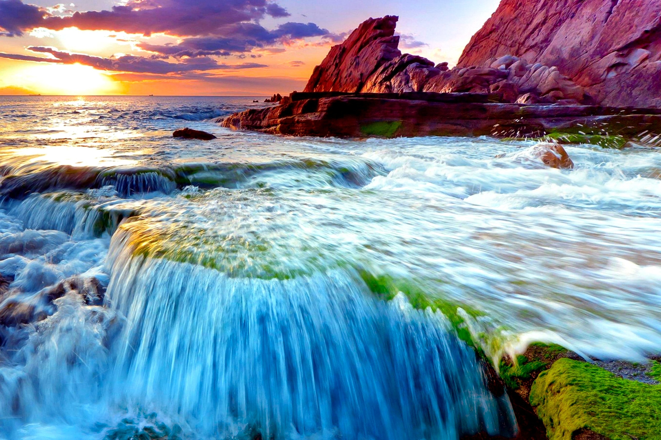 Free download wallpaper Nature, Sunset, Coast, Waterfall, Ocean, Earth, Cloud on your PC desktop
