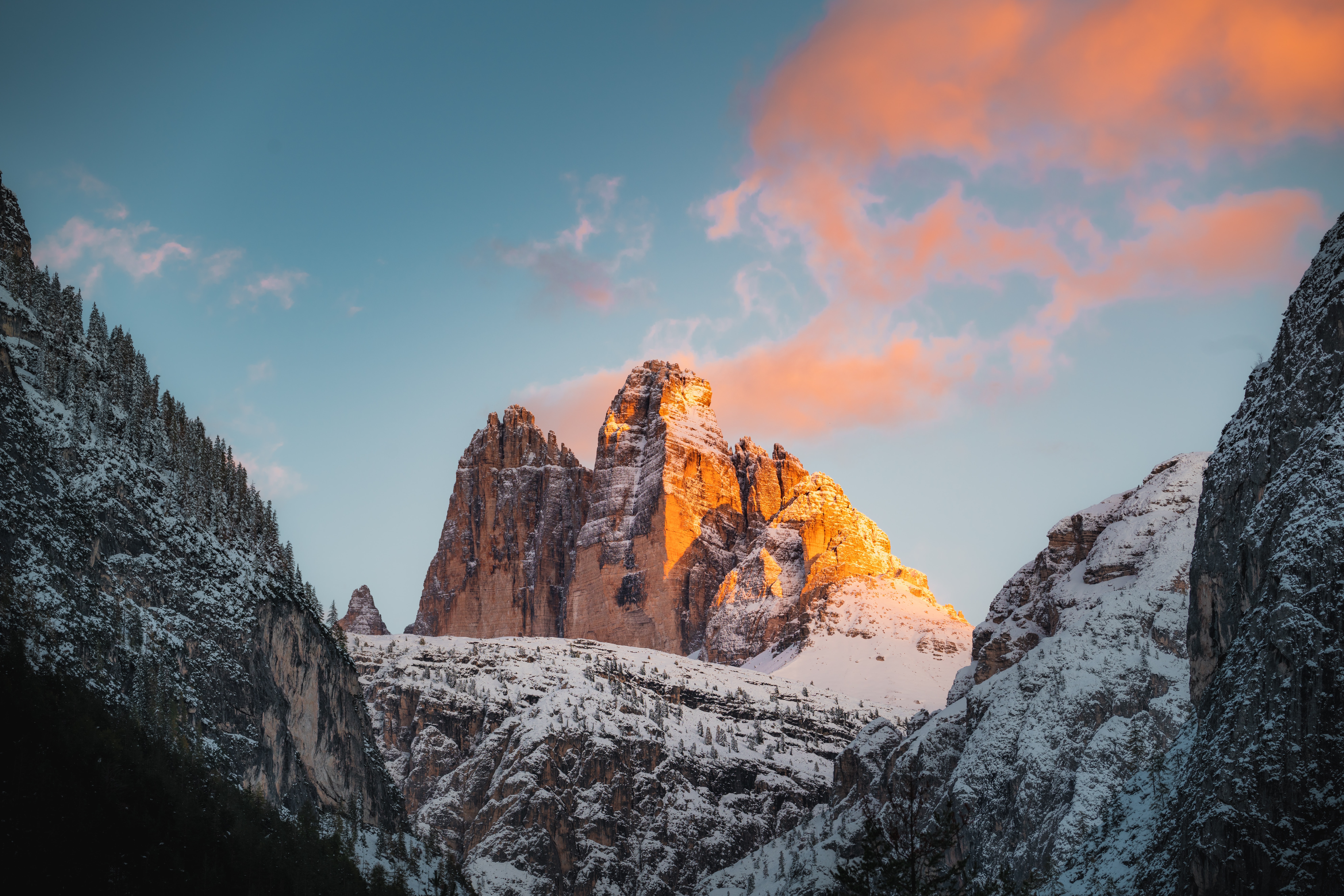 mountain, winter, nature, sunset, snow, rock 1080p