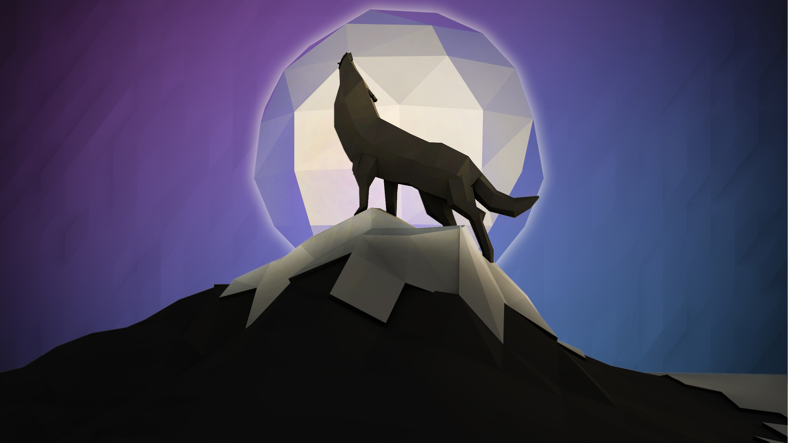 low poly, night, abstract, facets, moon, wolf