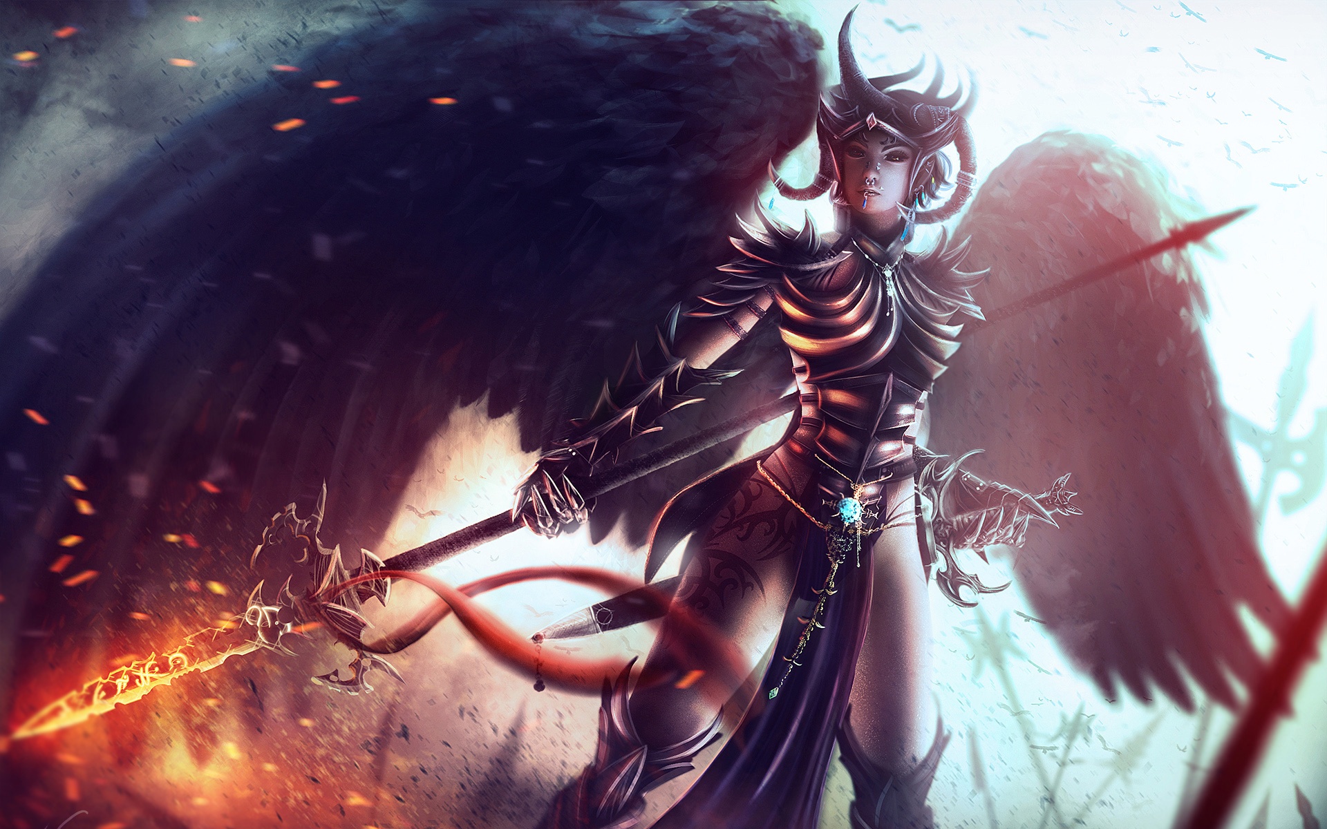 Download mobile wallpaper Fantasy, Dark, Wings, Warrior, Angel, Horns, Armor, Spear, Dungeons & Dragons, Angel Warrior for free.