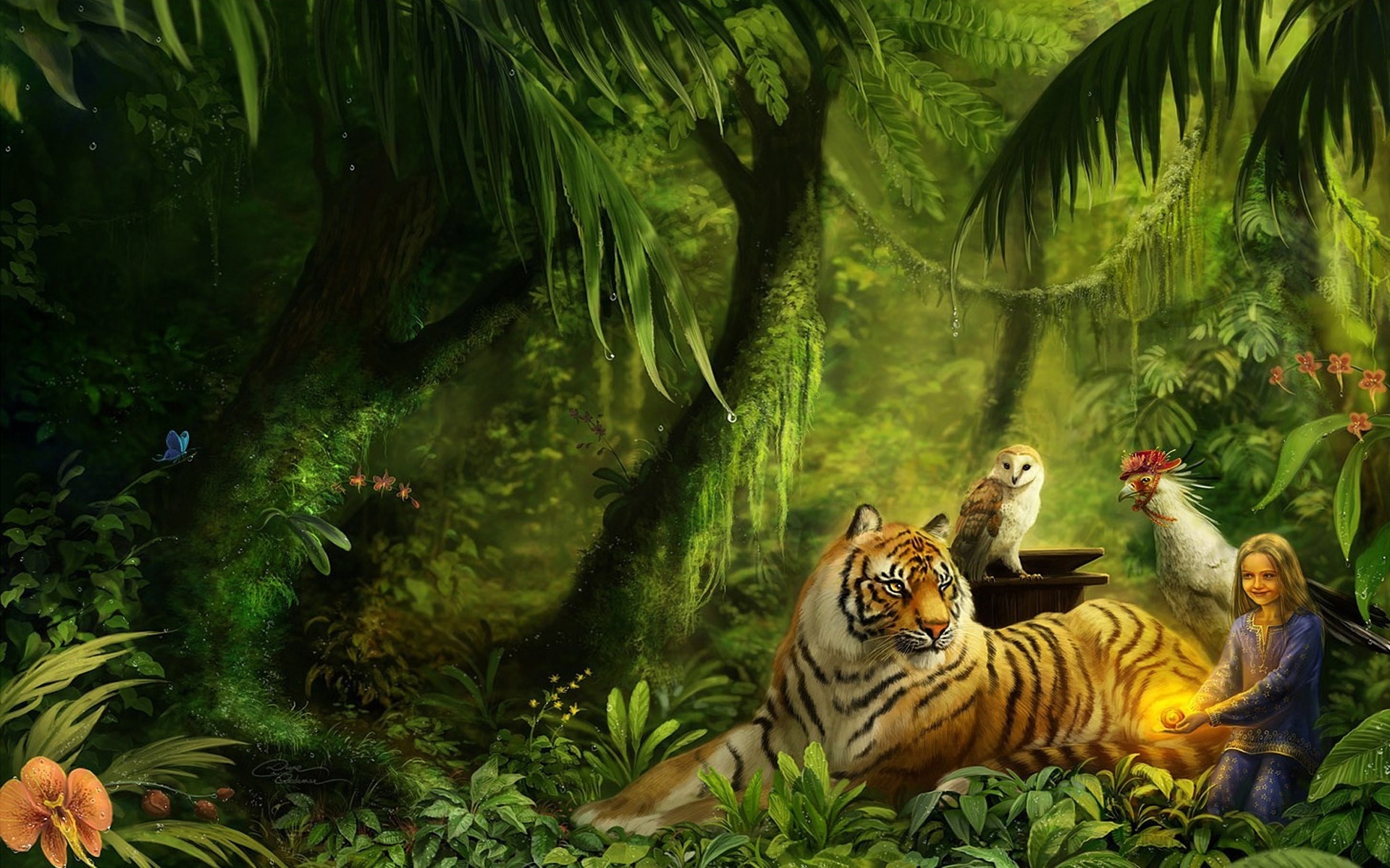 rainforest, owl, jungle, artistic, fantasy, bird, child, forest, lion, little girl, tiger, tree download HD wallpaper