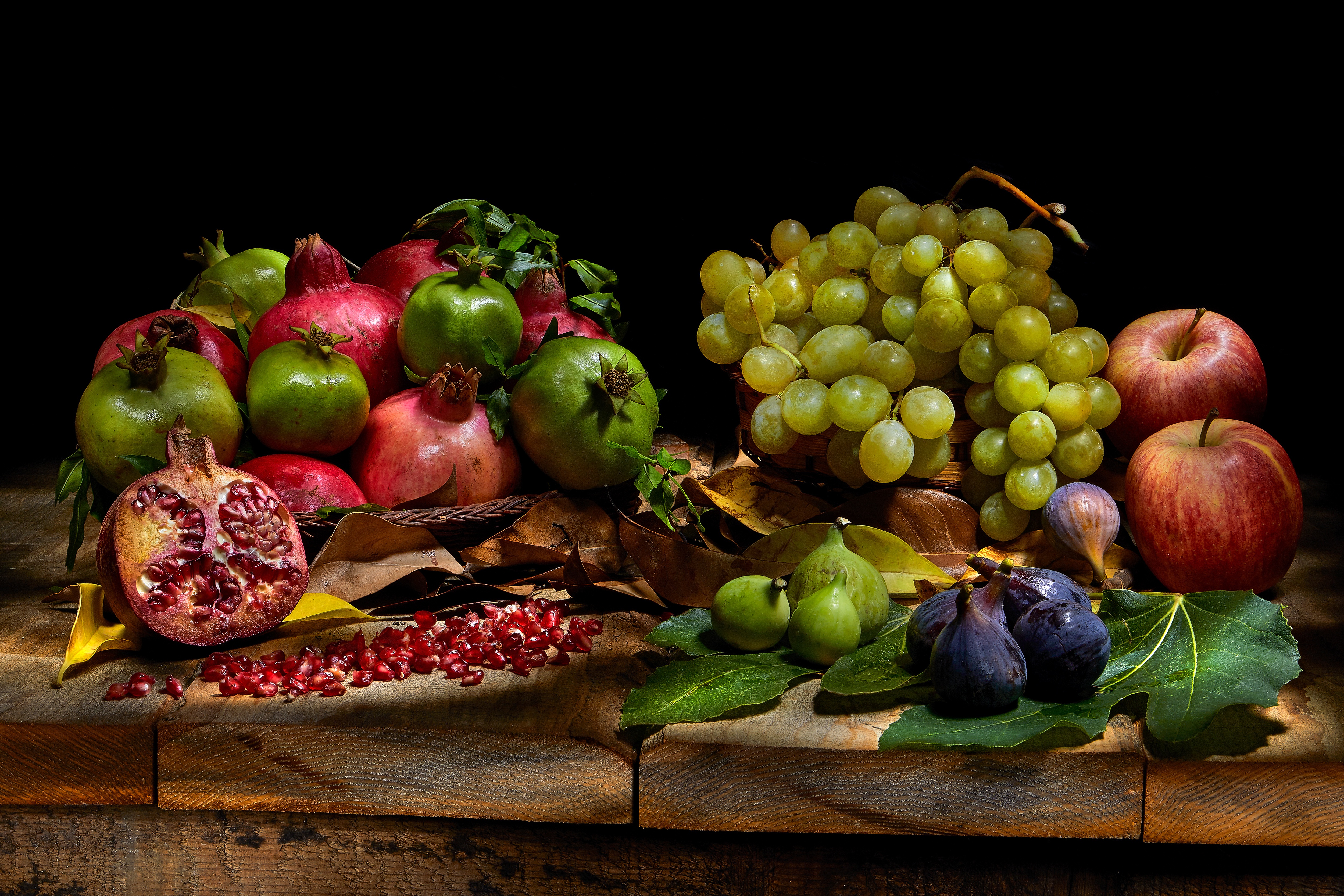 grapes, food, fruit, apple, fig, pomegranate, still life, fruits High Definition image