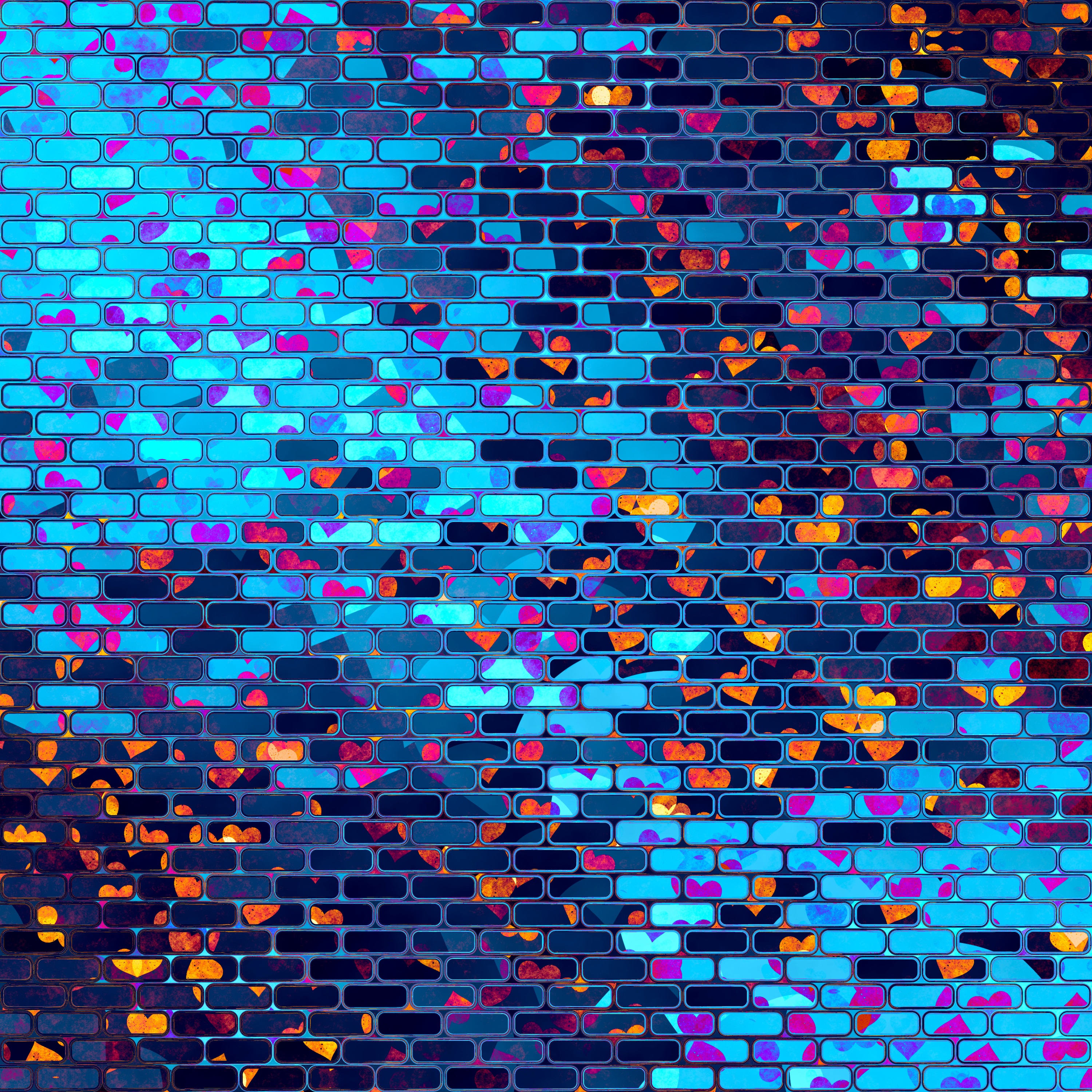 wall, multicolored, brick, hearts, love, heart, motley Full HD