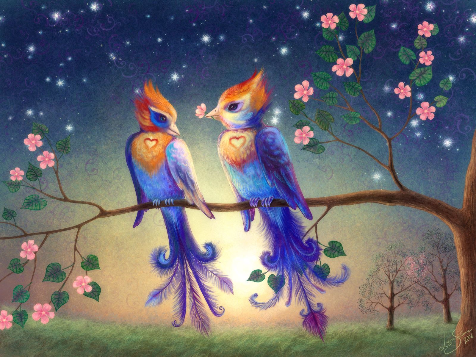Free download wallpaper Love, Birds, Pair, Branch, Picture, Couple, Drawing on your PC desktop