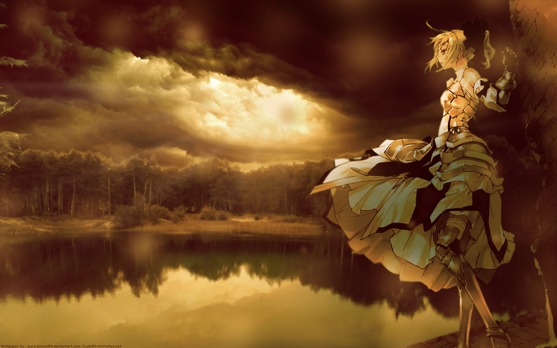 anime, fate/stay night, cute, forest, lake, saber lily, fate series