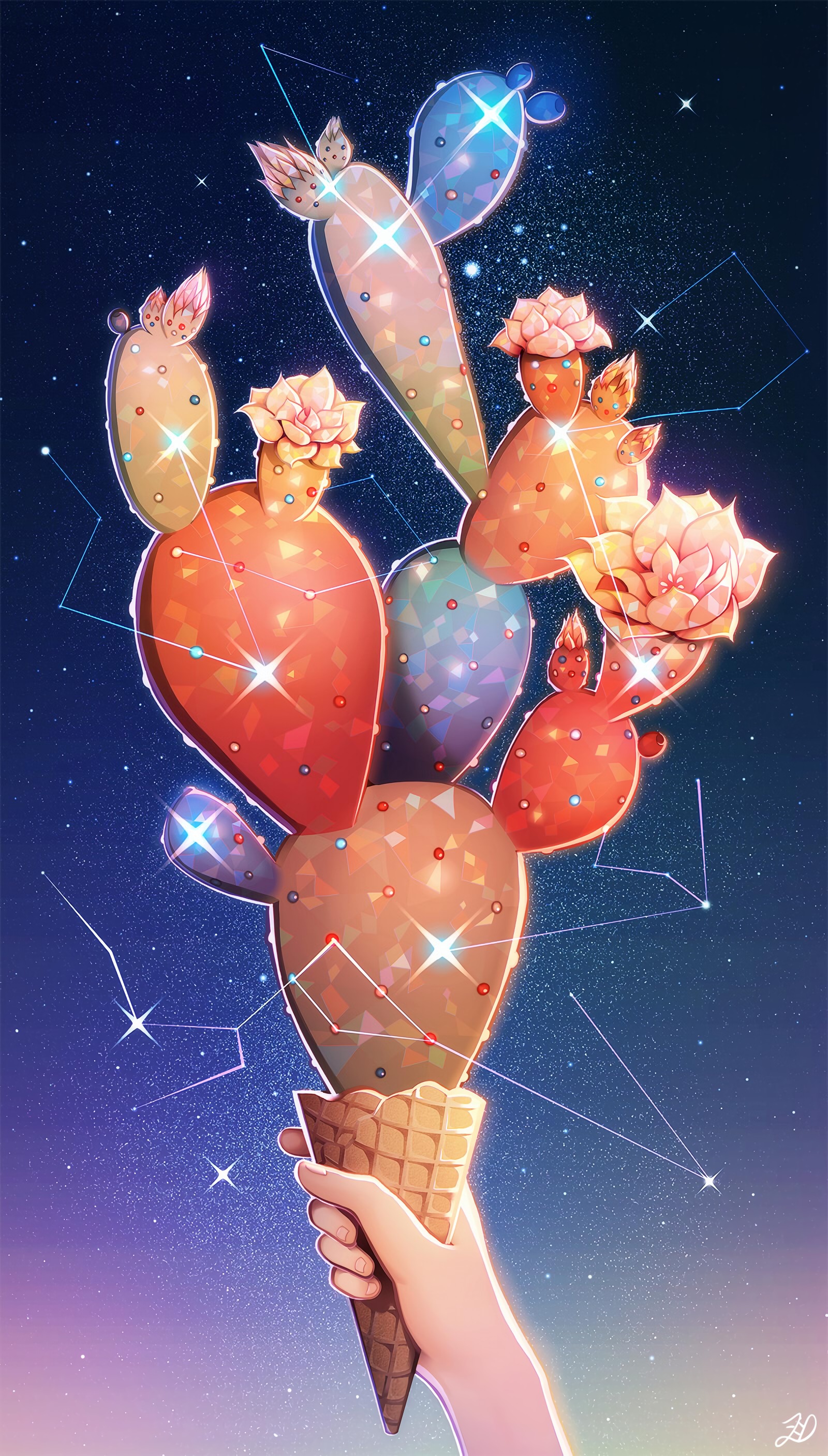 Download mobile wallpaper Flowers, Cactus, Stars, Art, Ice Cream for free.