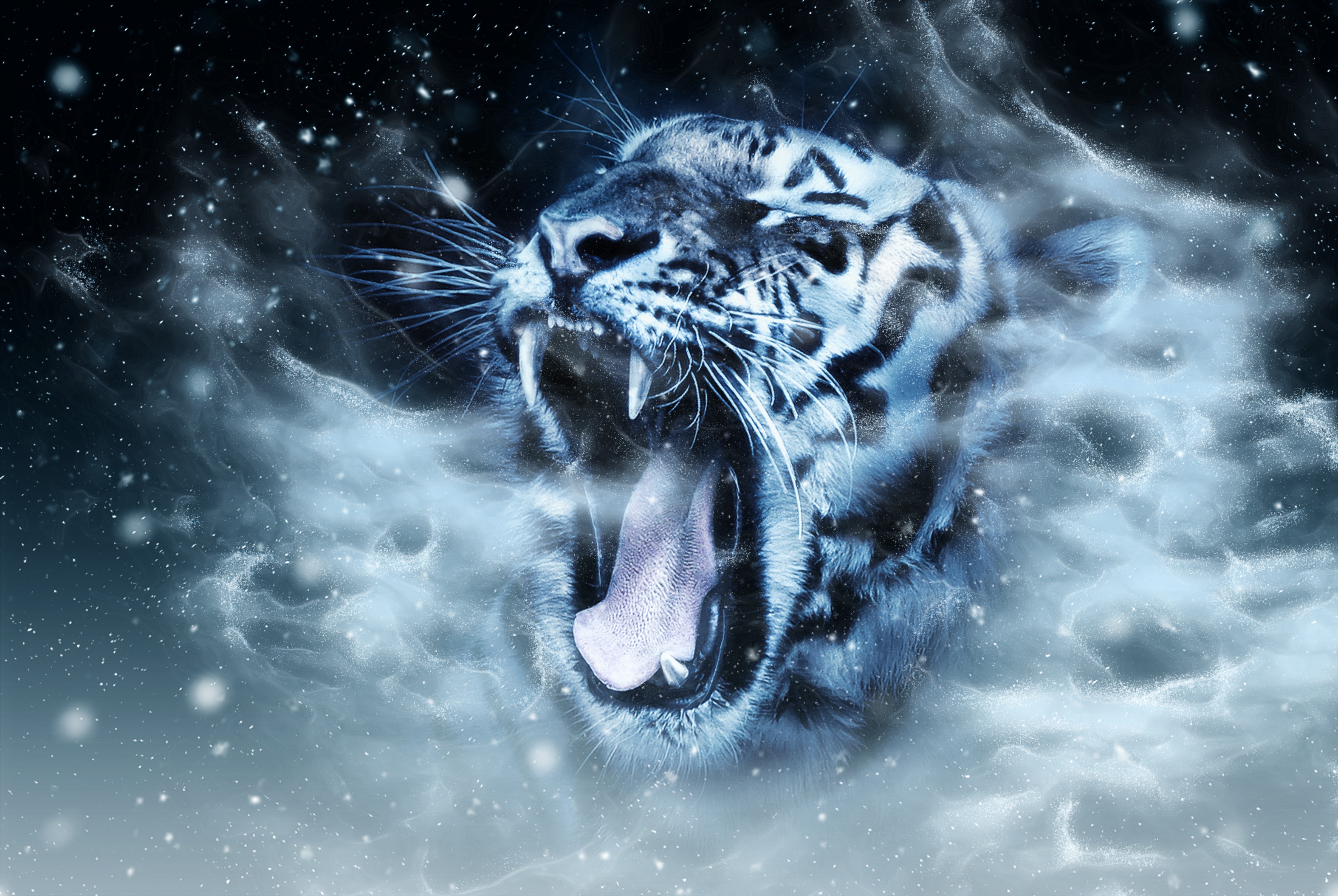 grin, tiger, animals, muzzle, predator, photoshop HD wallpaper