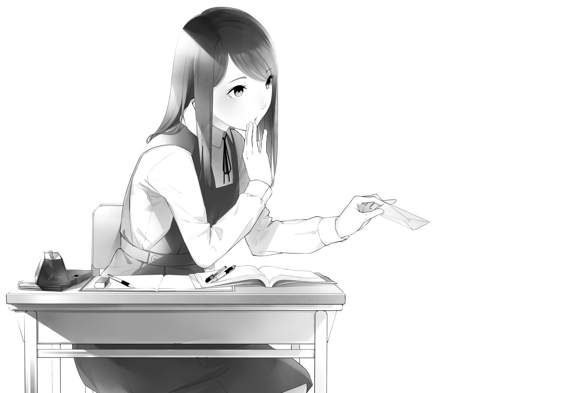 anime, original, book, desk, long hair QHD
