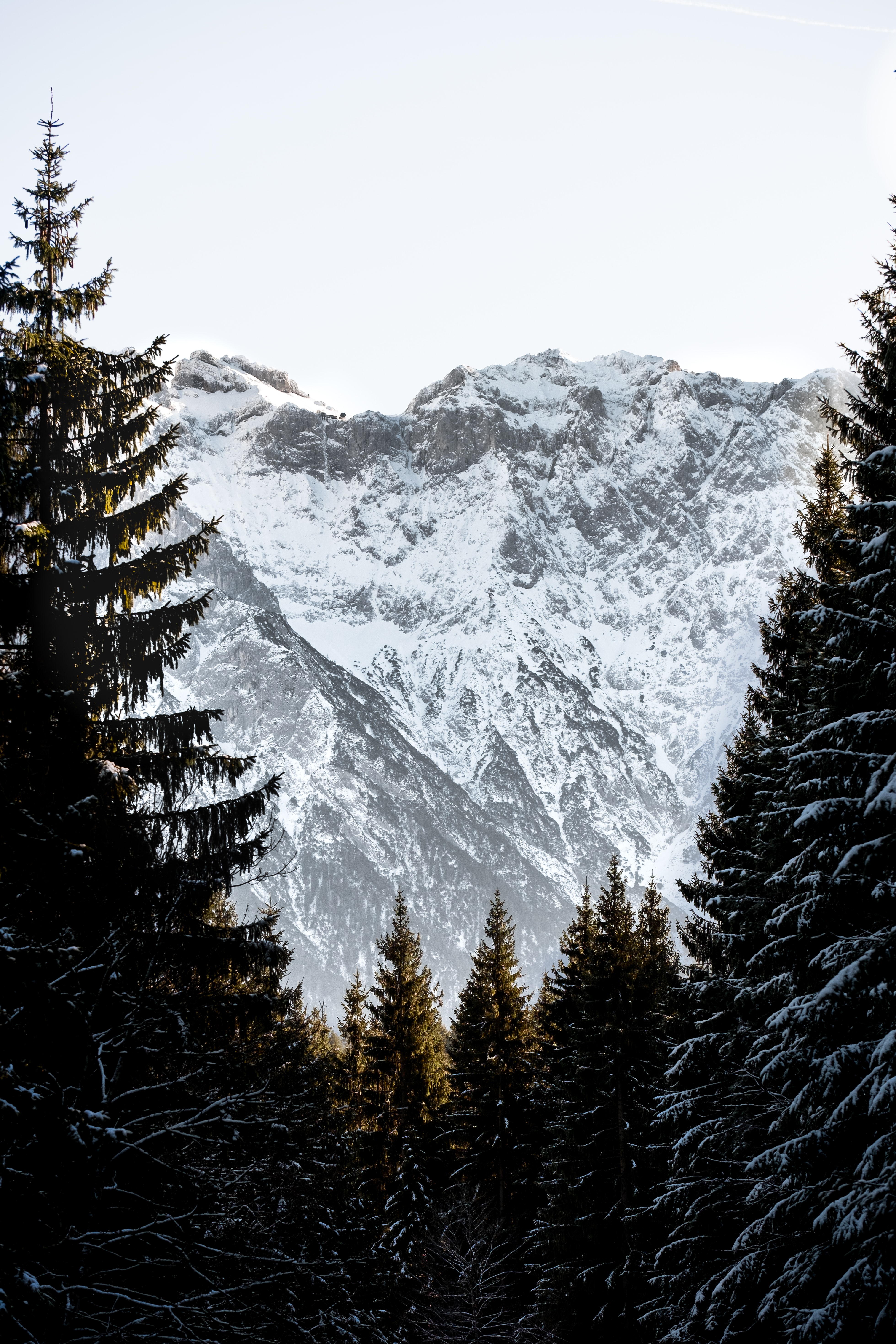 nature, snow covered, sky, mountains, snow, rocks, spruce, fir, snowbound Full HD