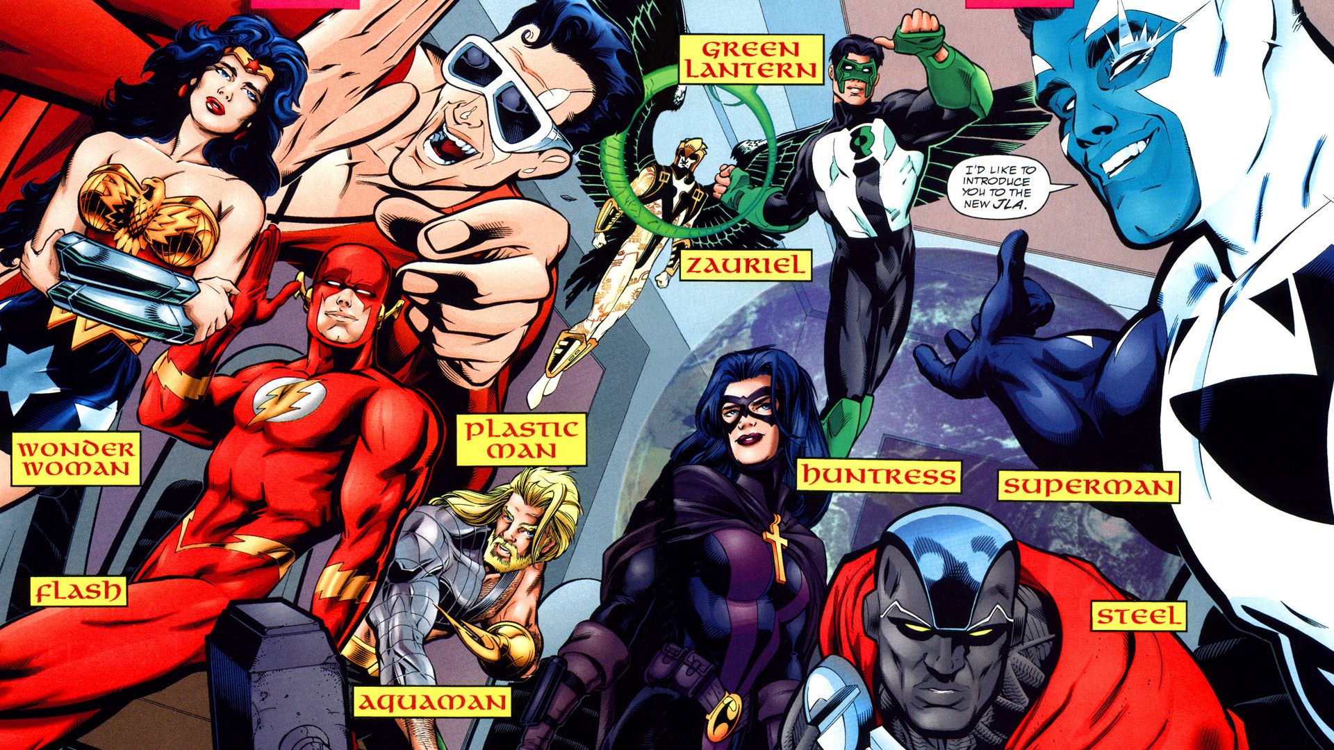 comics, justice league of america, aquaman, dc comics, flash, green lantern, huntress (dc comics), justice league, kyle rayner, plastic man, superman, wally west, wonder woman, zauriel (dc comics) 1080p