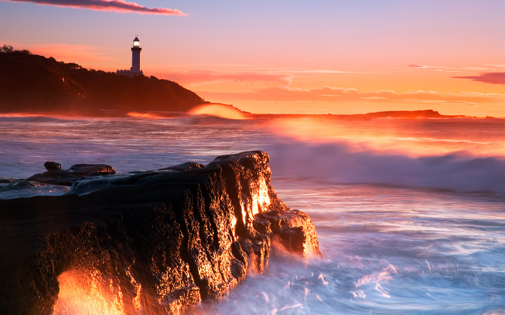 coastline, man made, lighthouse, ocean, orange (color), sunset, wave QHD